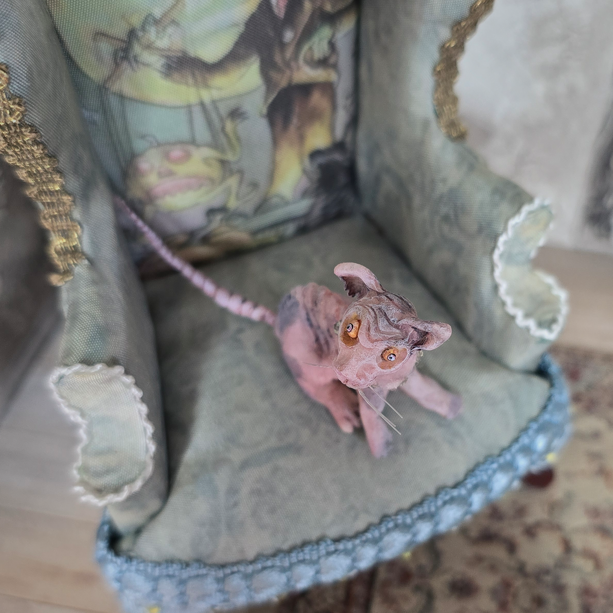 Hairless Spotted Sphynx Pink Grey Cat Spooky OOAK Artisan Miniature Dollhouse Pet Figure