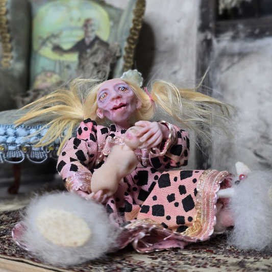 Creepy Seated Clay Little Girl Child Doll OOAK Vintage Hand Sculpted Dollhouse Miniature