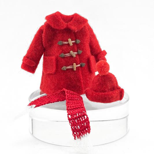 Dollhouse miniature Red coat, hat, and scarf set on a white background