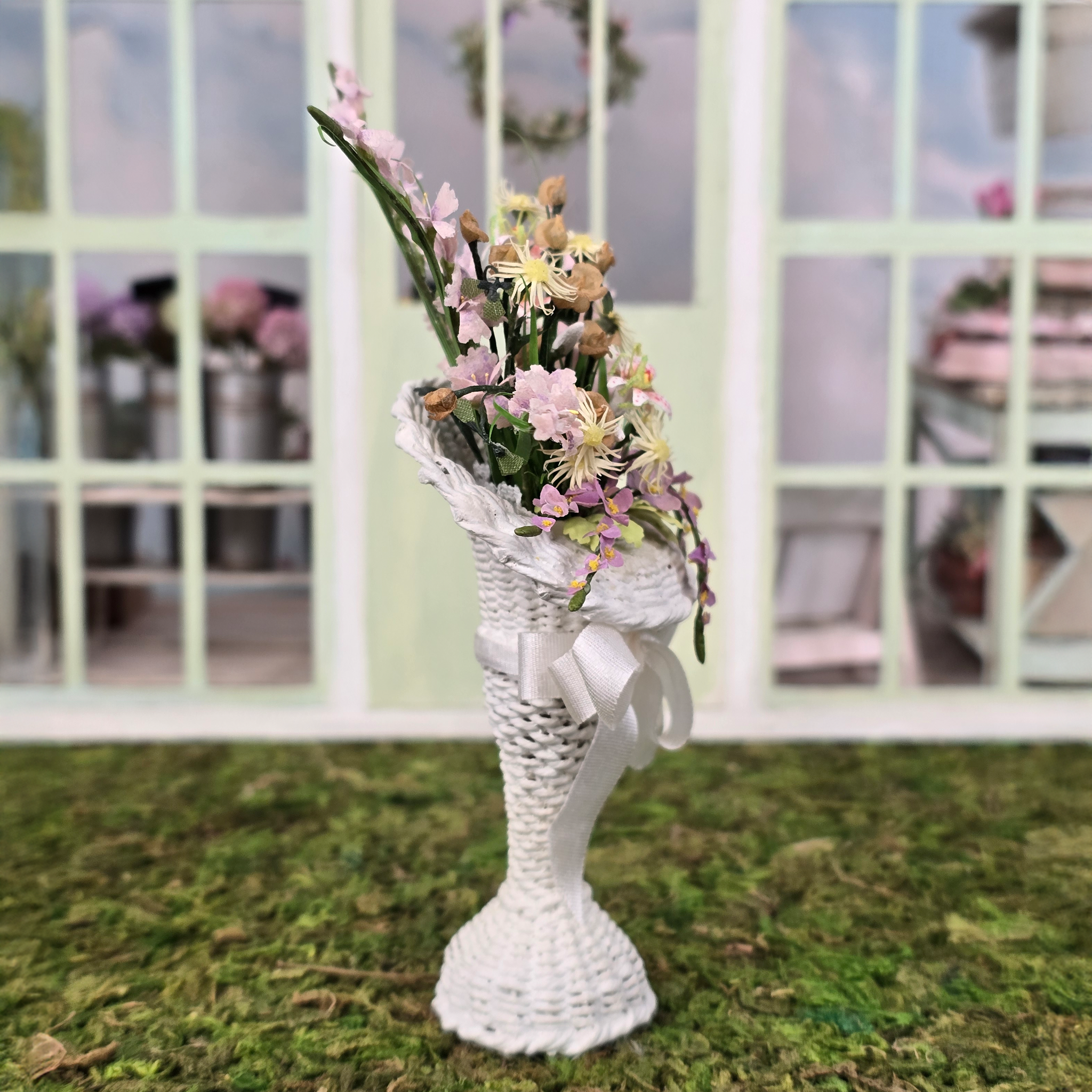 Pretty Pastel Gladiolus Arrangement in Victorian White Wicker Plant Stand