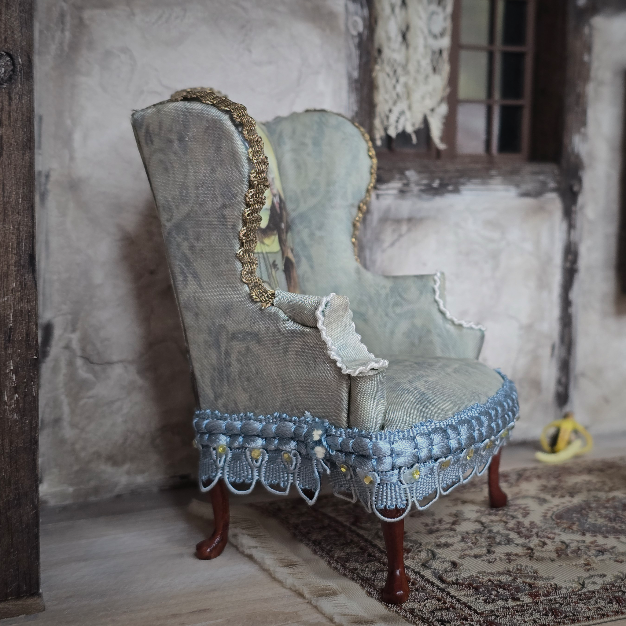 Custom Gothic Wingback Armchair Artist Signed OOAK Custom Upholstery of Halloween Skeleton