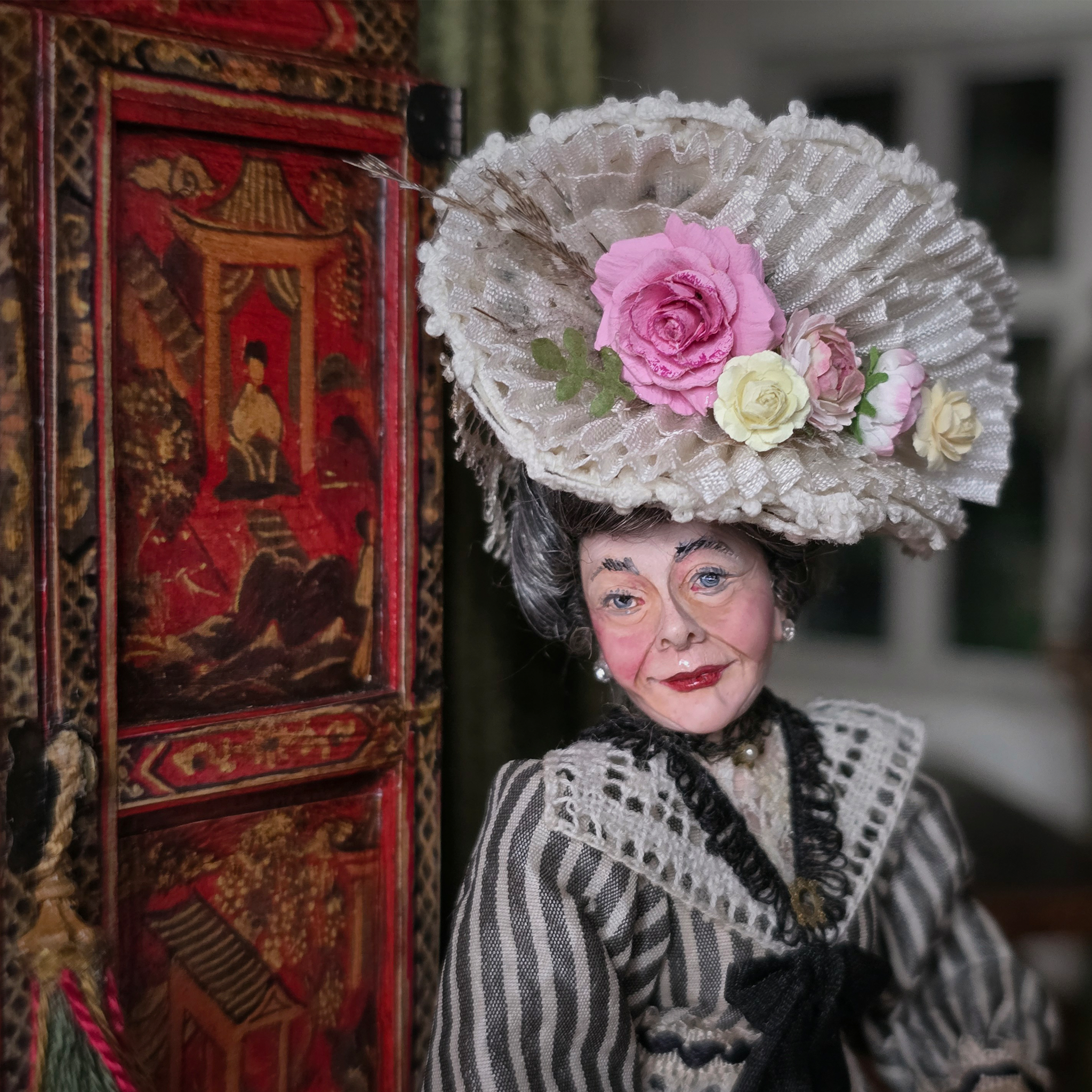 RESERVED FOR RICK: Wealthy Noblewoman Victorian Doll Striped Gown Original Marcia Backstrom Sculpted Clay Dollhouse