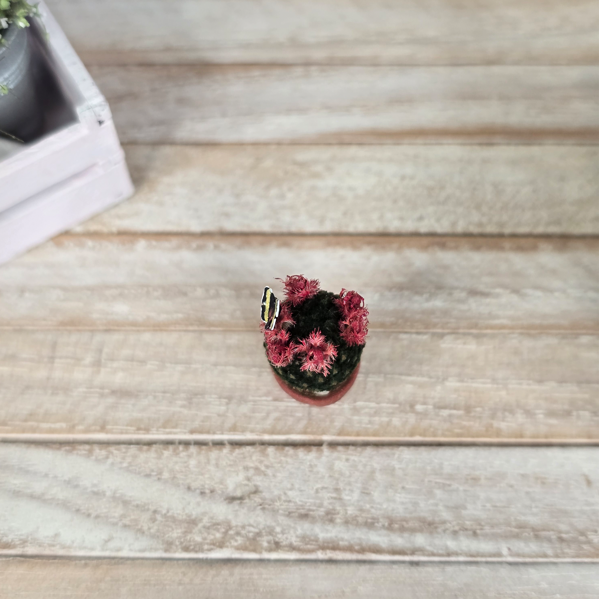 Pink Flowering Mammillaria Cactus Plant in Terracotta Planter with Butterfly Realistic