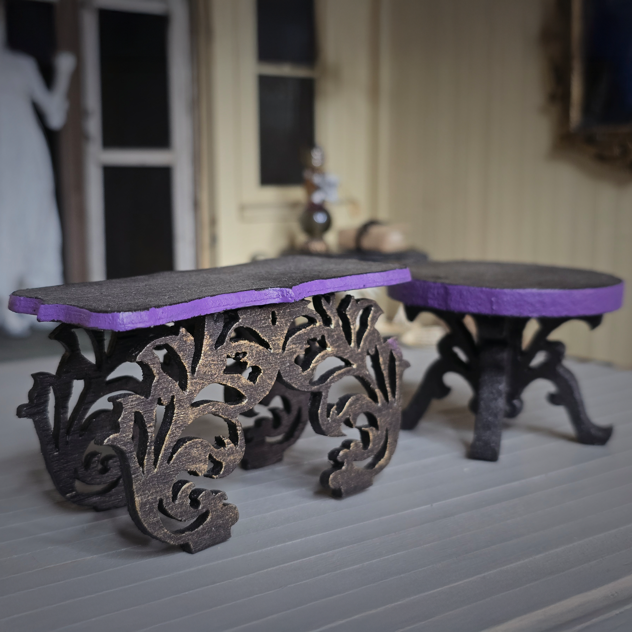 Pair of Ornate Gothic Accent Tables Carved Wood Handmade Furniture in Black & Purple