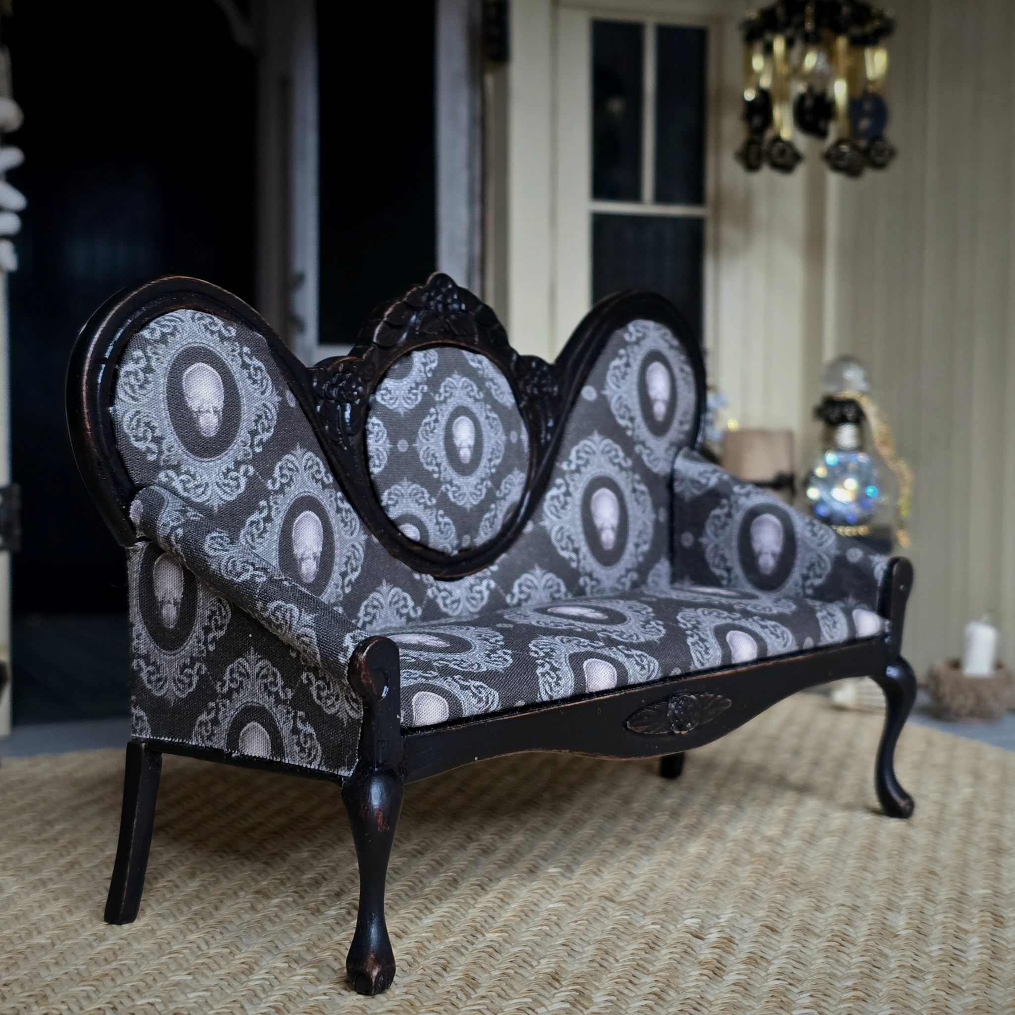 OOAK Upholstered Halloween Skull Gothic Black Victorian Settee Signed W. Krenzke