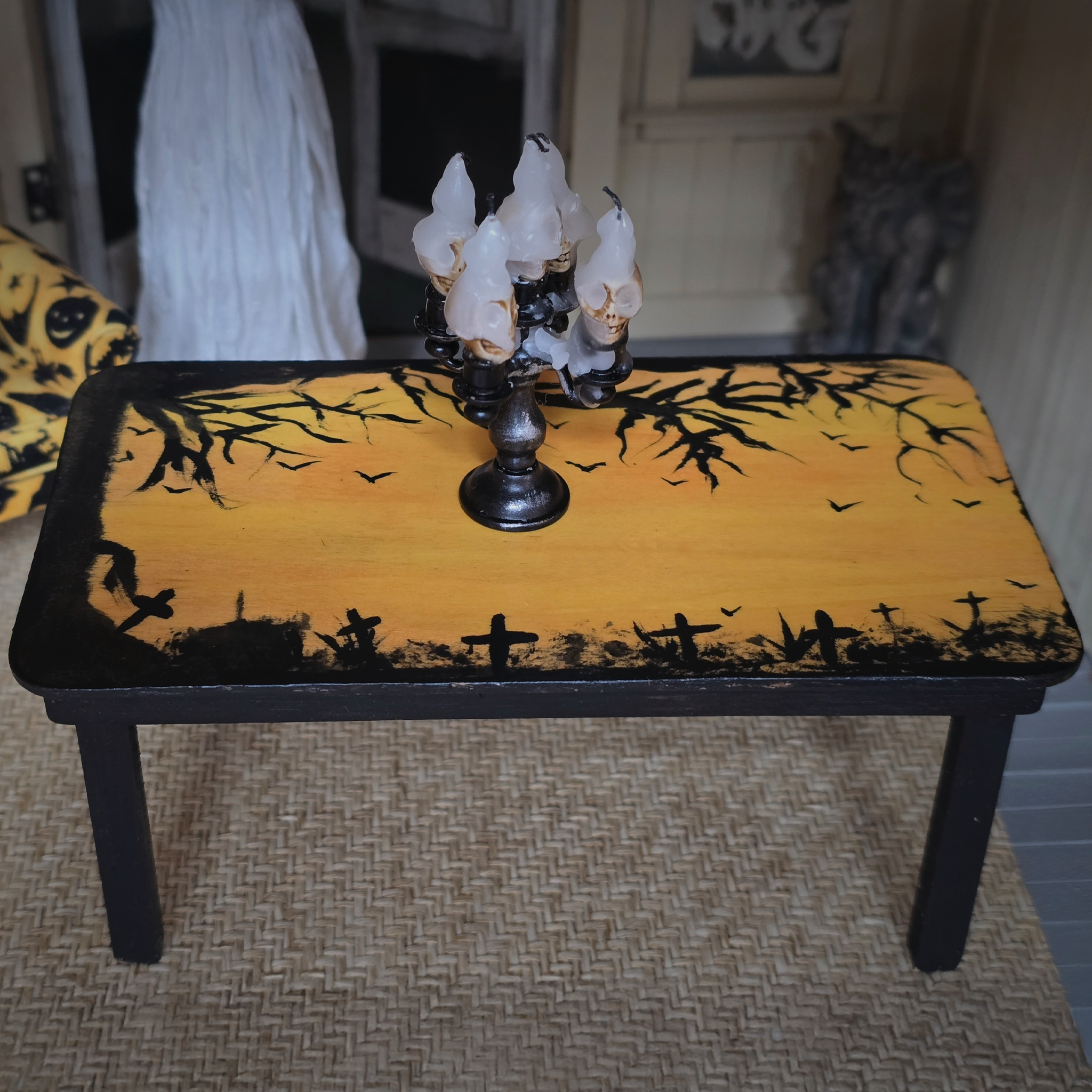 Kris Compas Yellow & Black Upholstered Halloween Print Wing Back Armchair, Pillow & Table