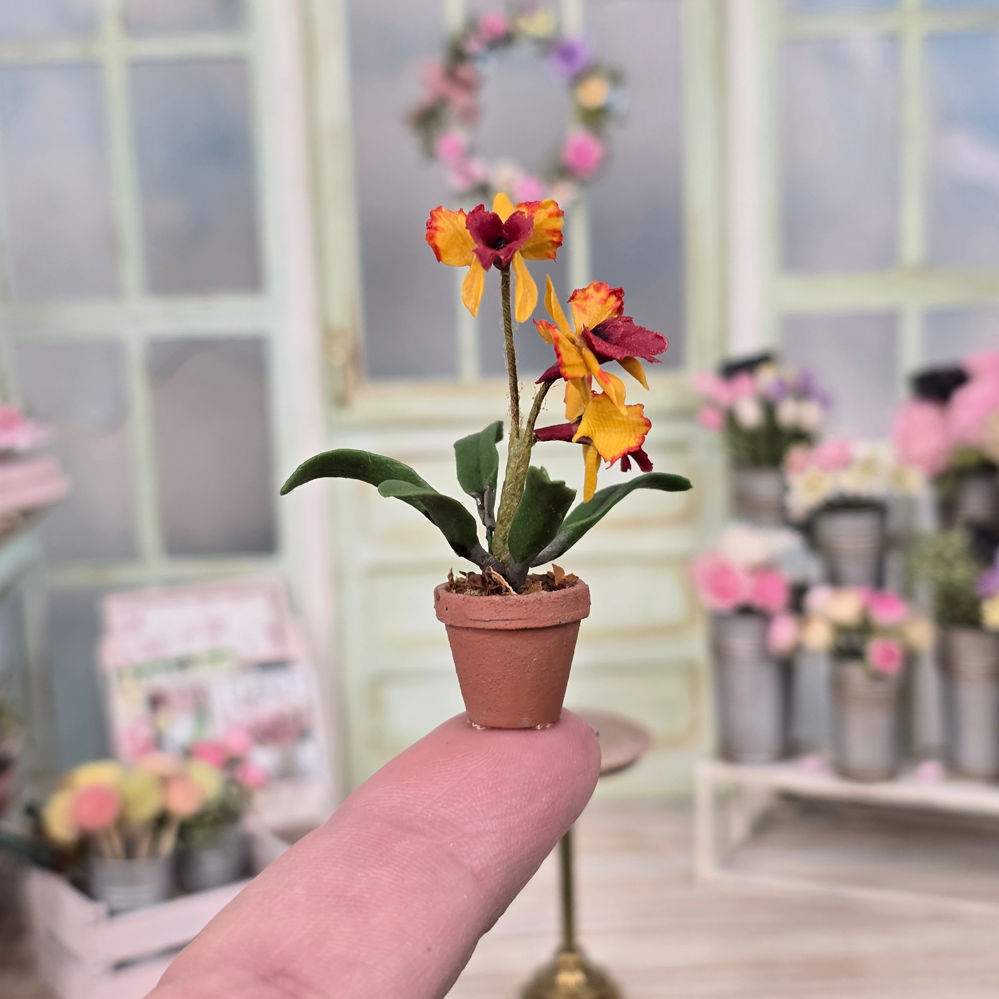 Potted Orange Orchid Hand Sculpted Clay Flowering Houseplant Vintage Artisan