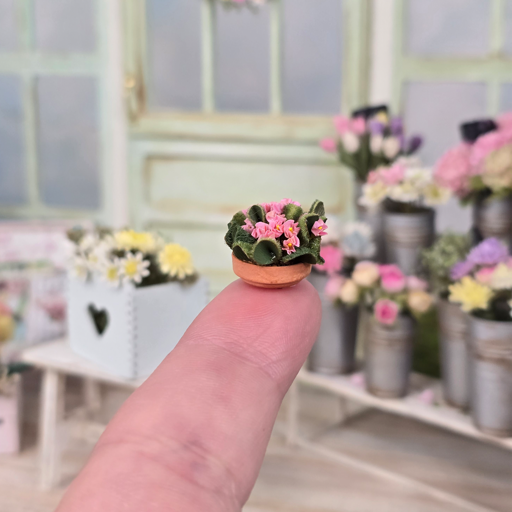 Flowering Pink African Violet Plant in Planter Pot Fuzzy Leaves Artisan Vintage