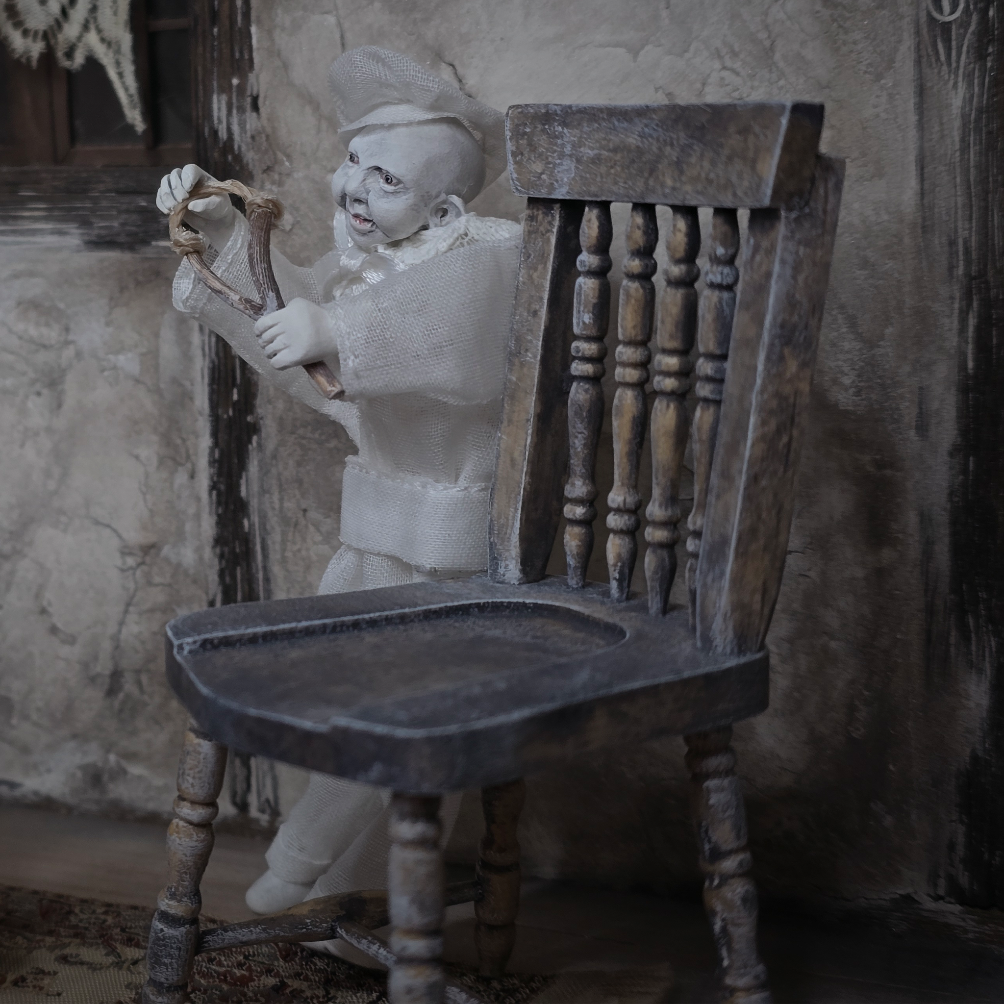 Edwardian Boy Ghost Doll OOAK Haunted Miniature Child with Slingshot & Chair by Pat Benedict