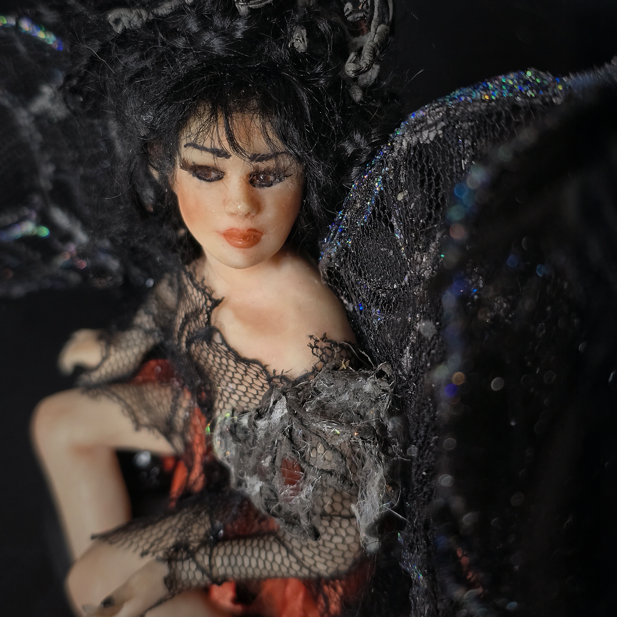 Dark Angel Fairy Doll OOAK Hand-Sculpted Clay Display Figure (6" Tall, Seated)