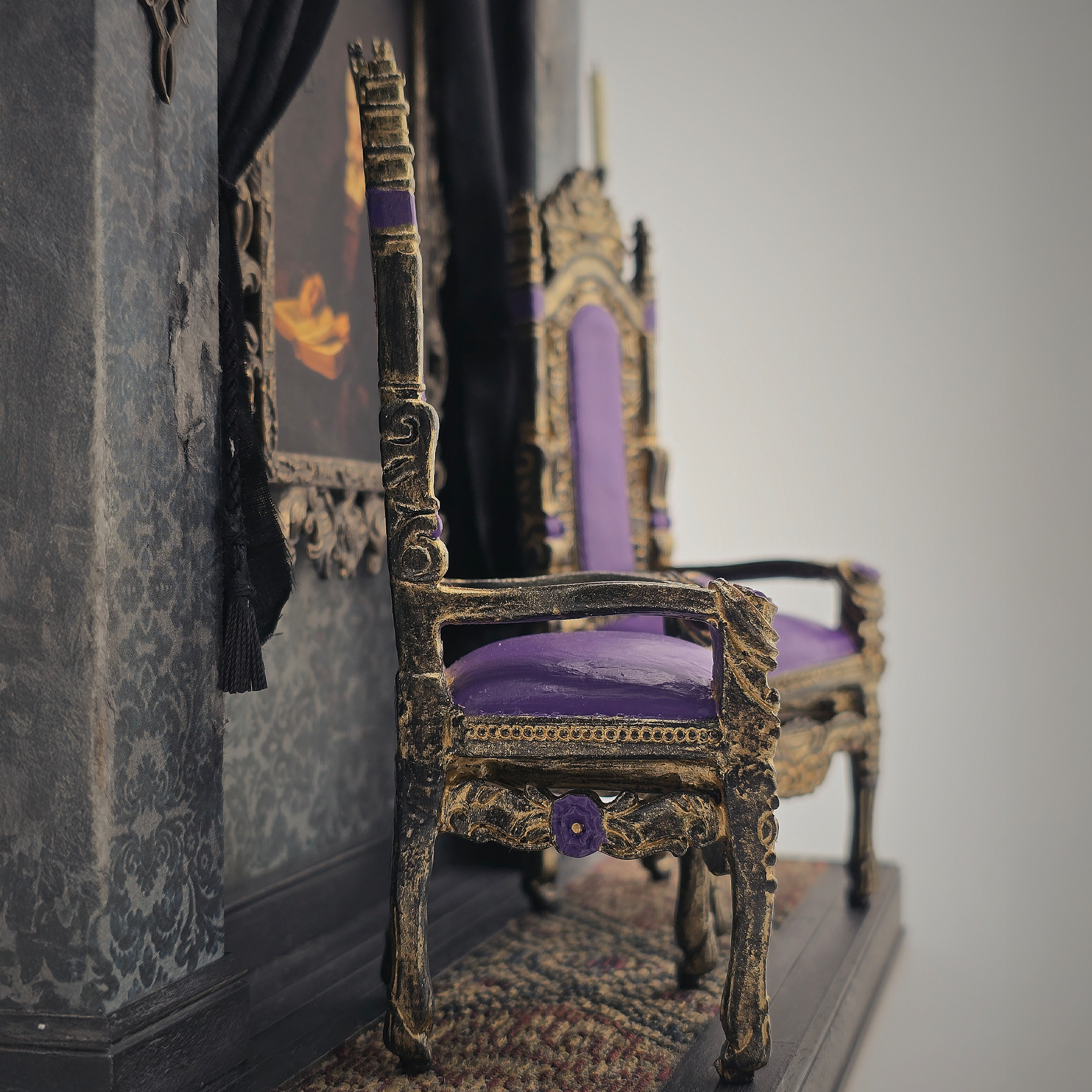 Royal Throne Chair Pair Heavy Resin Gothic Miniature Furniture with Purple & Gold