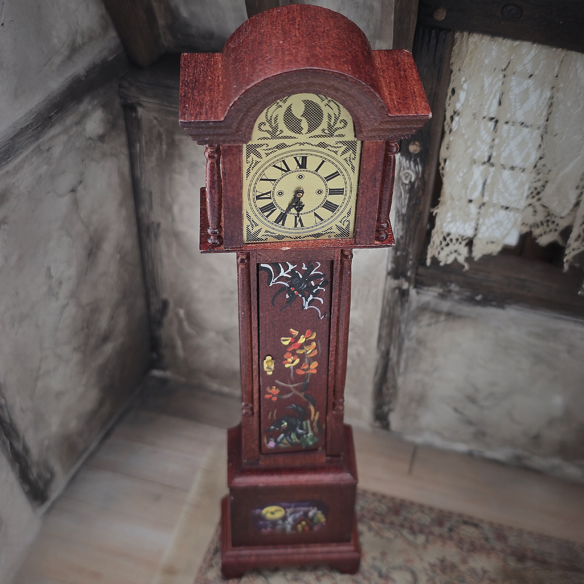 Wizard’s Grandfather Clock Hand-Carved Wood with Painted Halloween Motifs, Signed