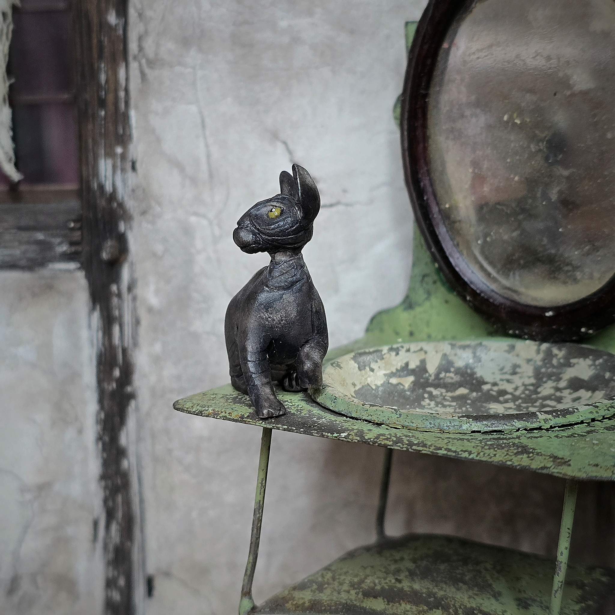 Hairless Spooky Sphynx Black Cat Statue OOAK Artisan Miniature Dollhouse Pet Figure (2011)