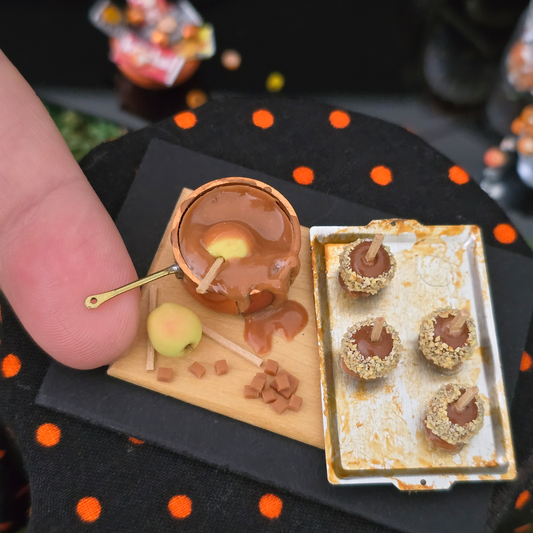 Seasonal Halloween Fall OOAK Sculpted Clay Baking Board Diorama Caramel Apple Making