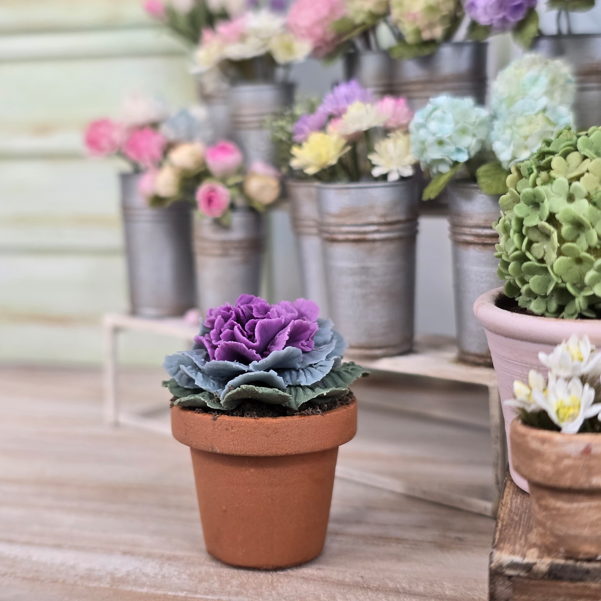 Potted Purple Realistic Ornamental Cabbage Hand Sculpted Clay Flowering Plant Signed