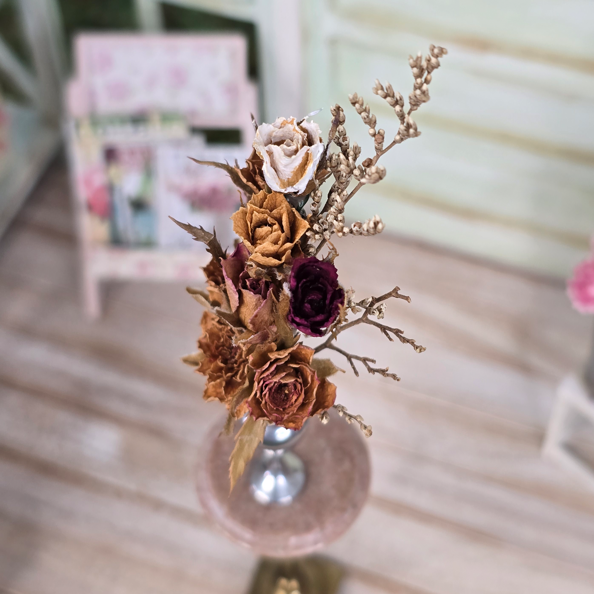 Jane Kilkenny Silver Vase Filled with Dried REAL Tiny Roses Floral Arrangement
