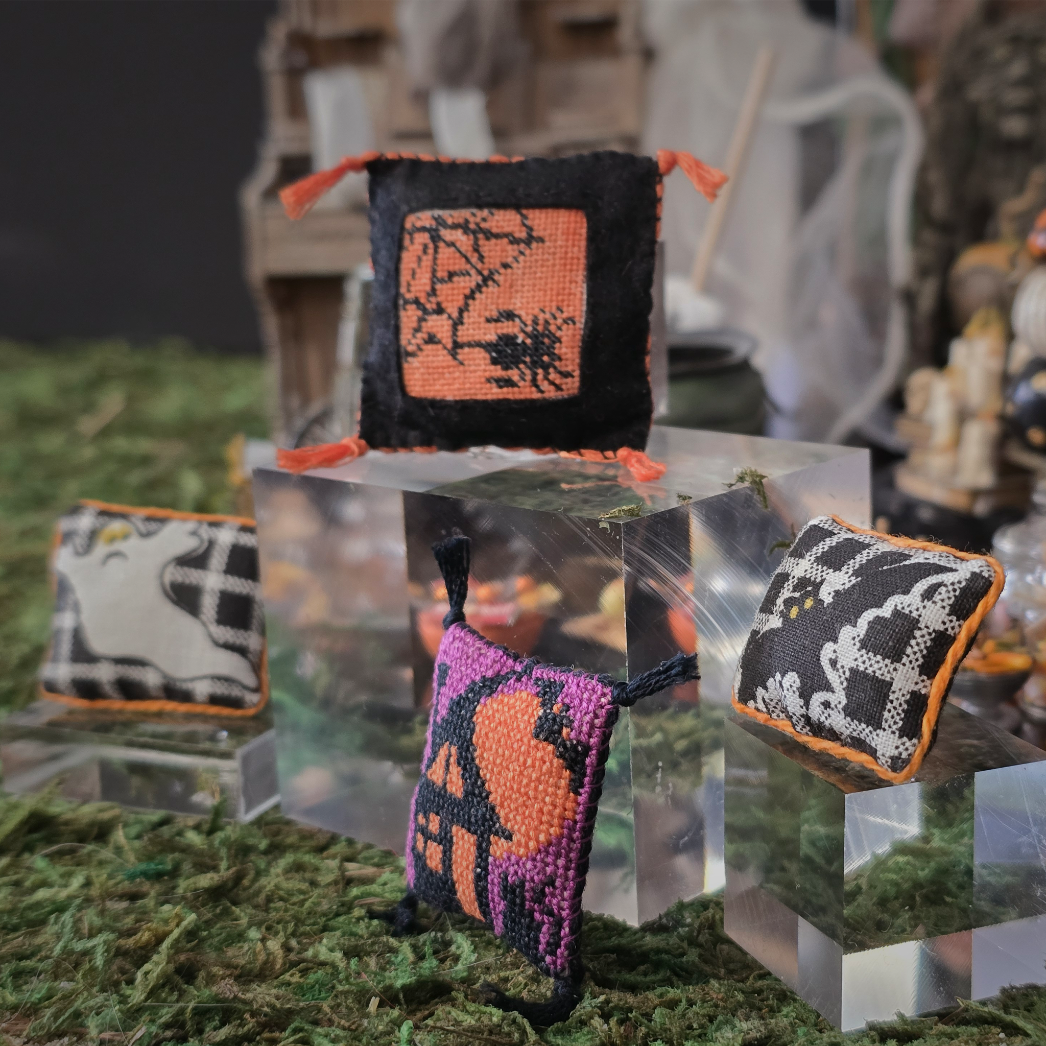 Halloween Pillow Set Artisan Handmade Miniature Needlepoint Decorative Cushions (Set of 4)