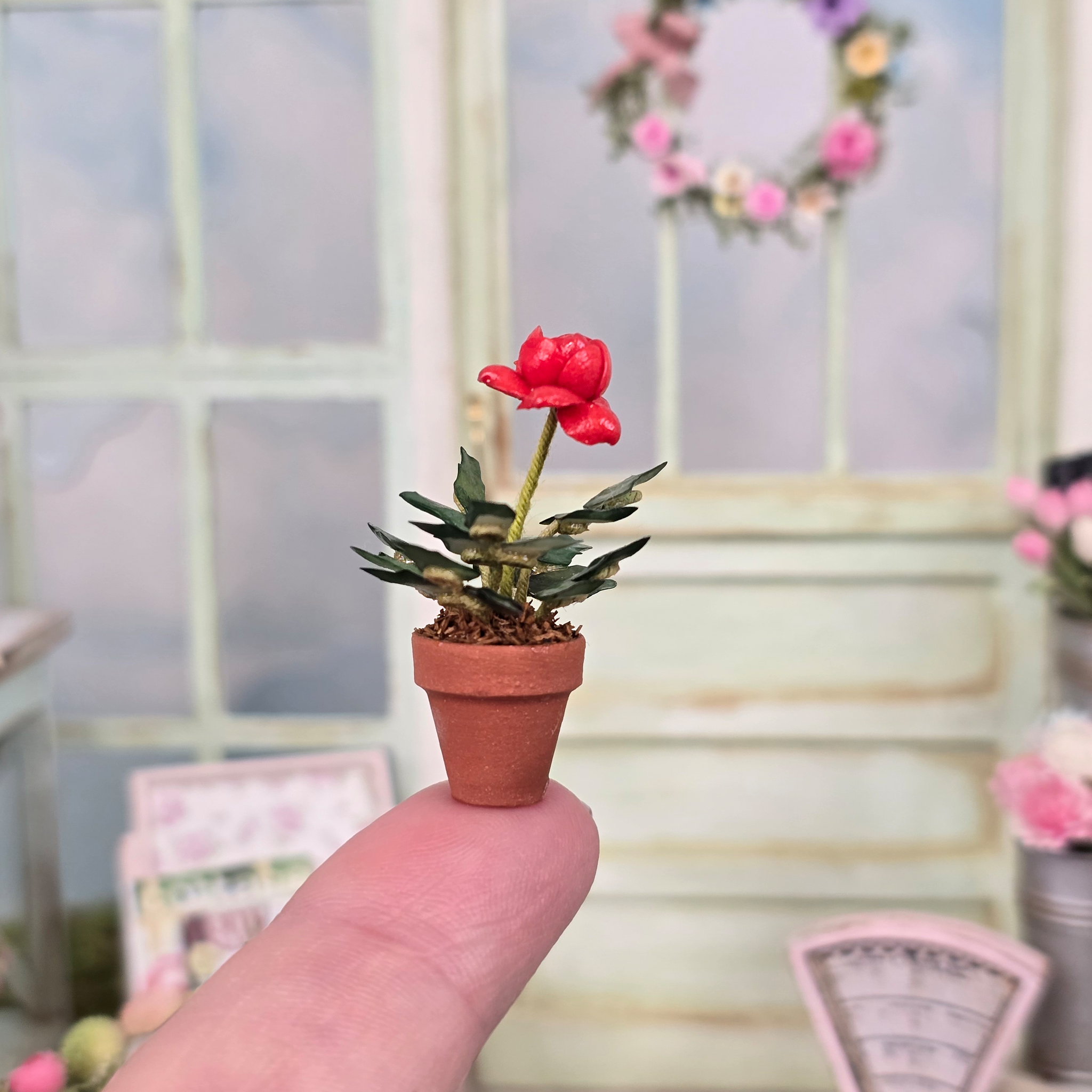 Potted Single Miniature Red Rose Hand Sculpted Porcelain Flower in Planter Vintage