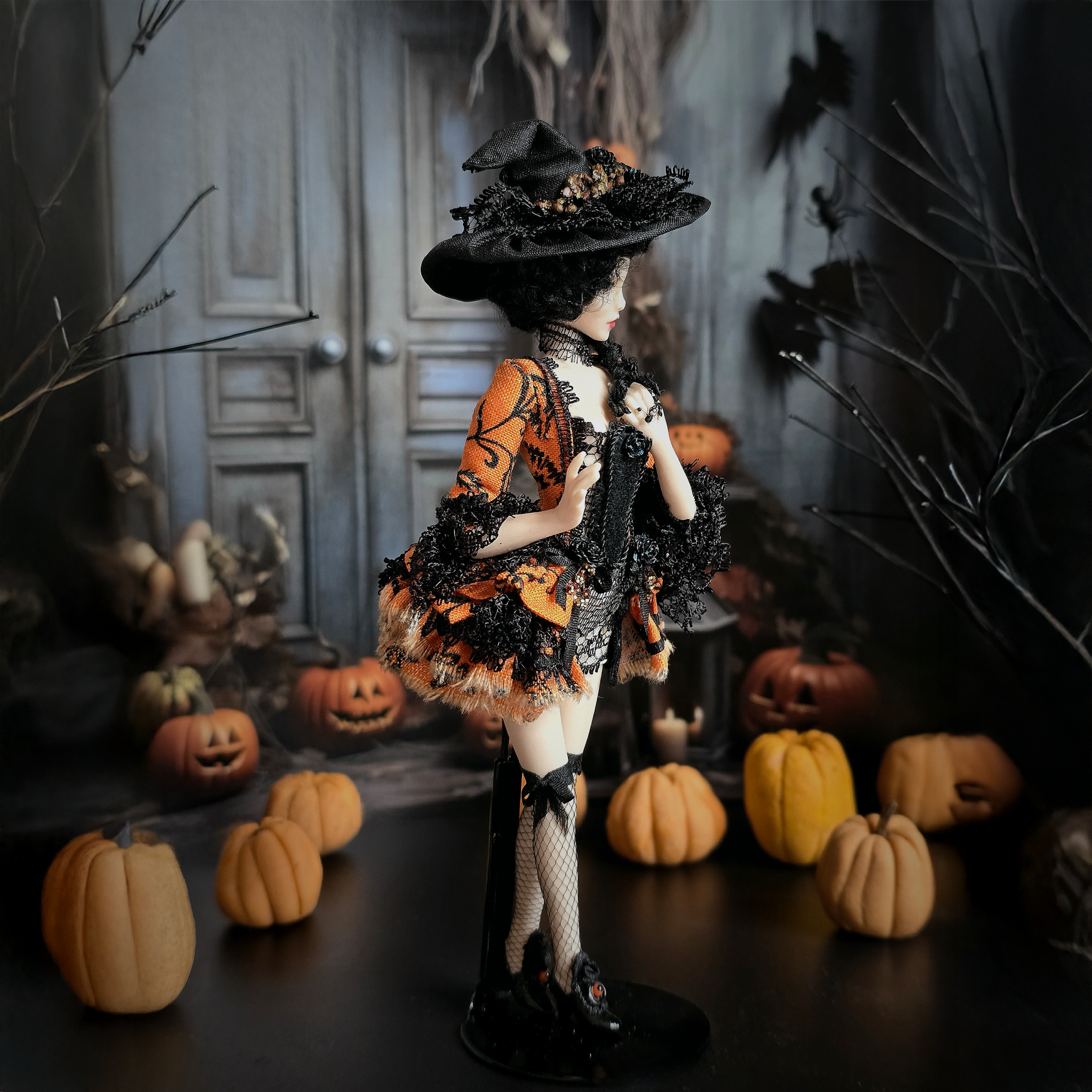 Halloween Witch One-of-a-Kind Porcelain Doll by Dana Burton for Magpie Miniatures
