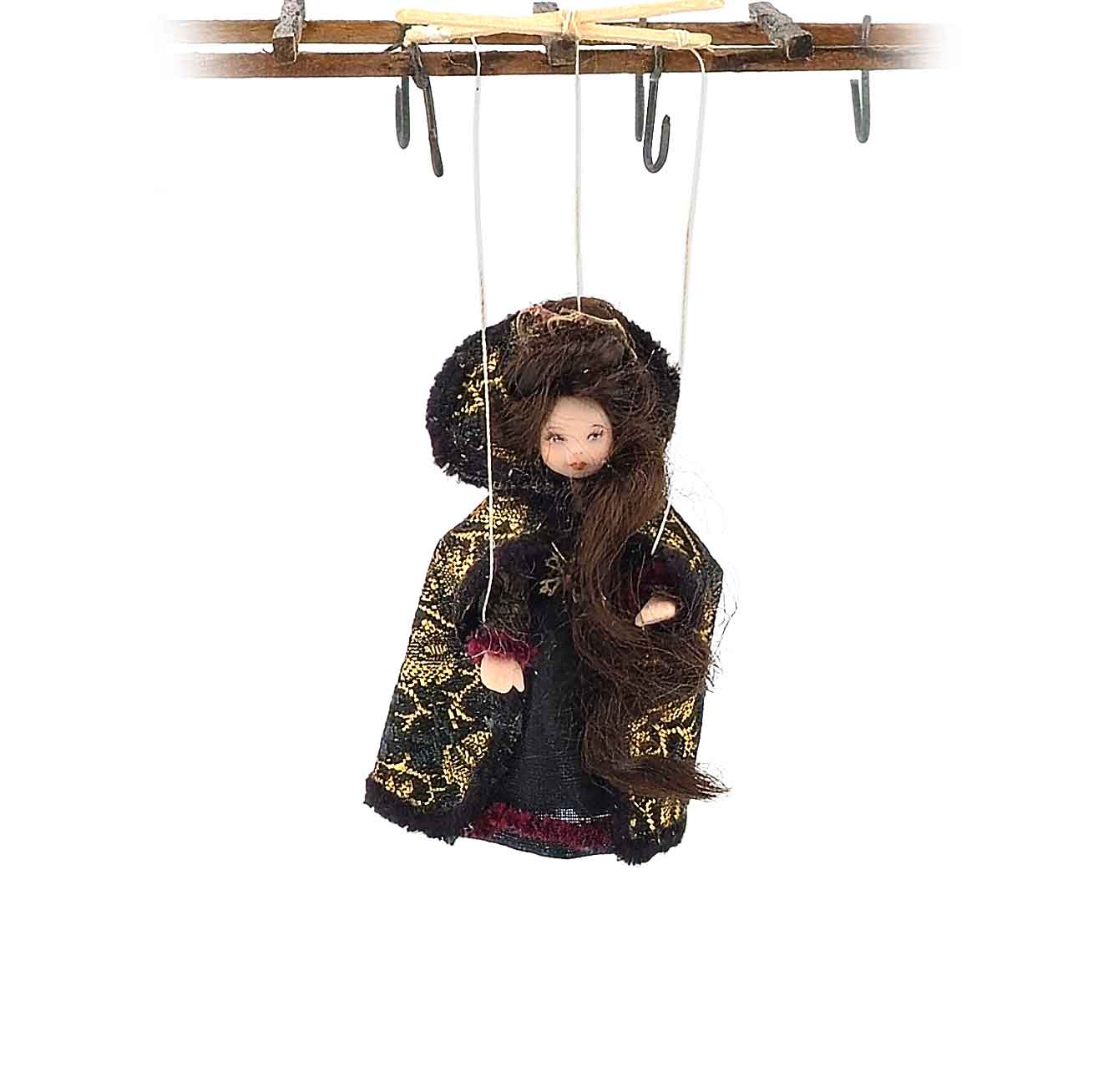 Tudor Lady Traveler in Dark Cloak Marionette Puppet by Loretta Kasza