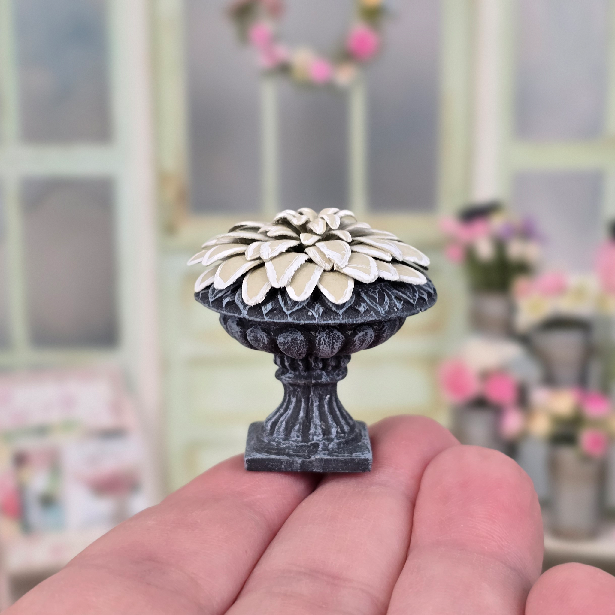 Potted Leafy Painted Paper Plant in Footed Clay Garden Urn Vintage Artisan