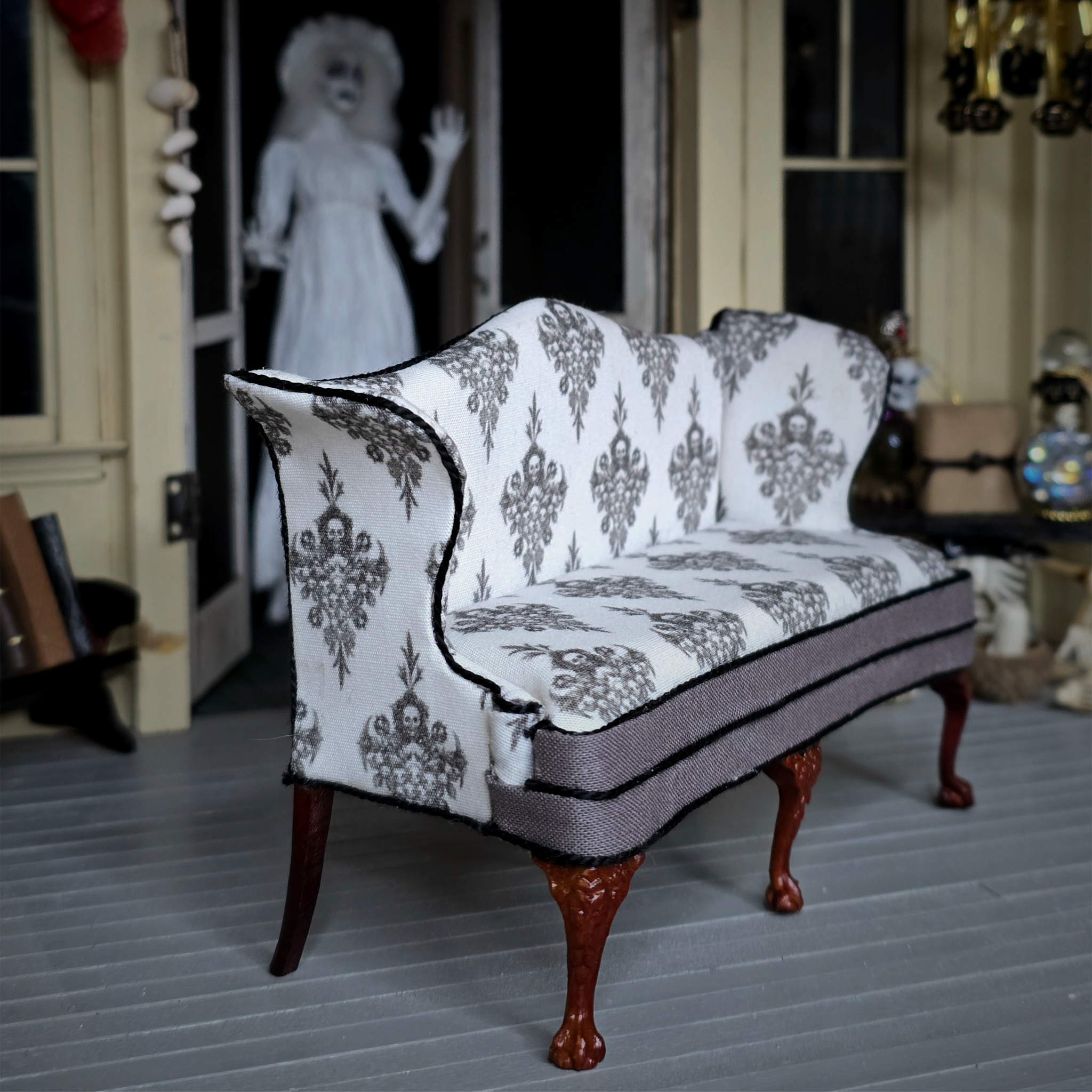 Signed Gothic Halloween Five Leg Victorian Sofa OOAK Skull Damask Custom Upholstered Bespaq