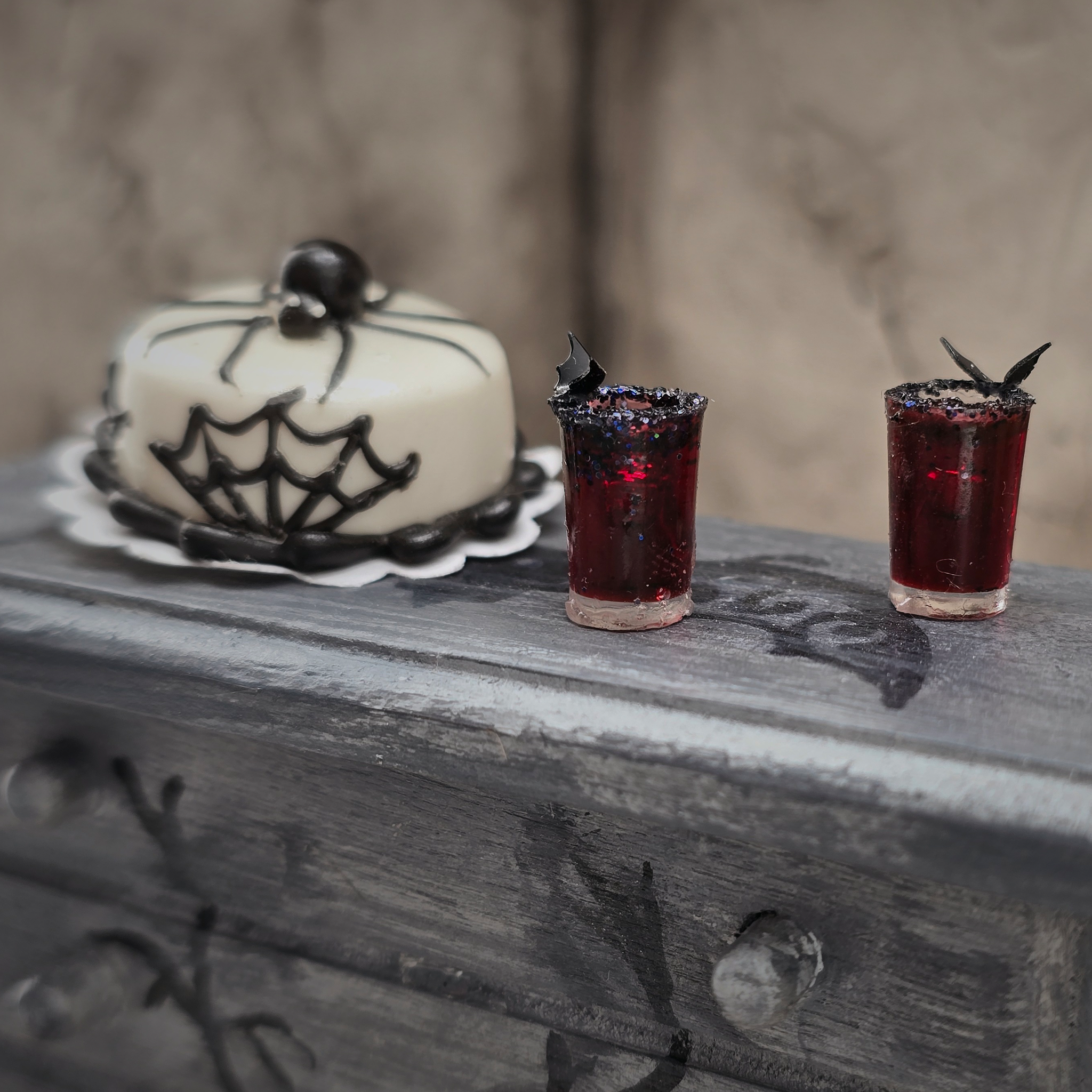 OOAK Miniature Halloween Spider Cake with Web Icing & Drinks with Bat Garnishes