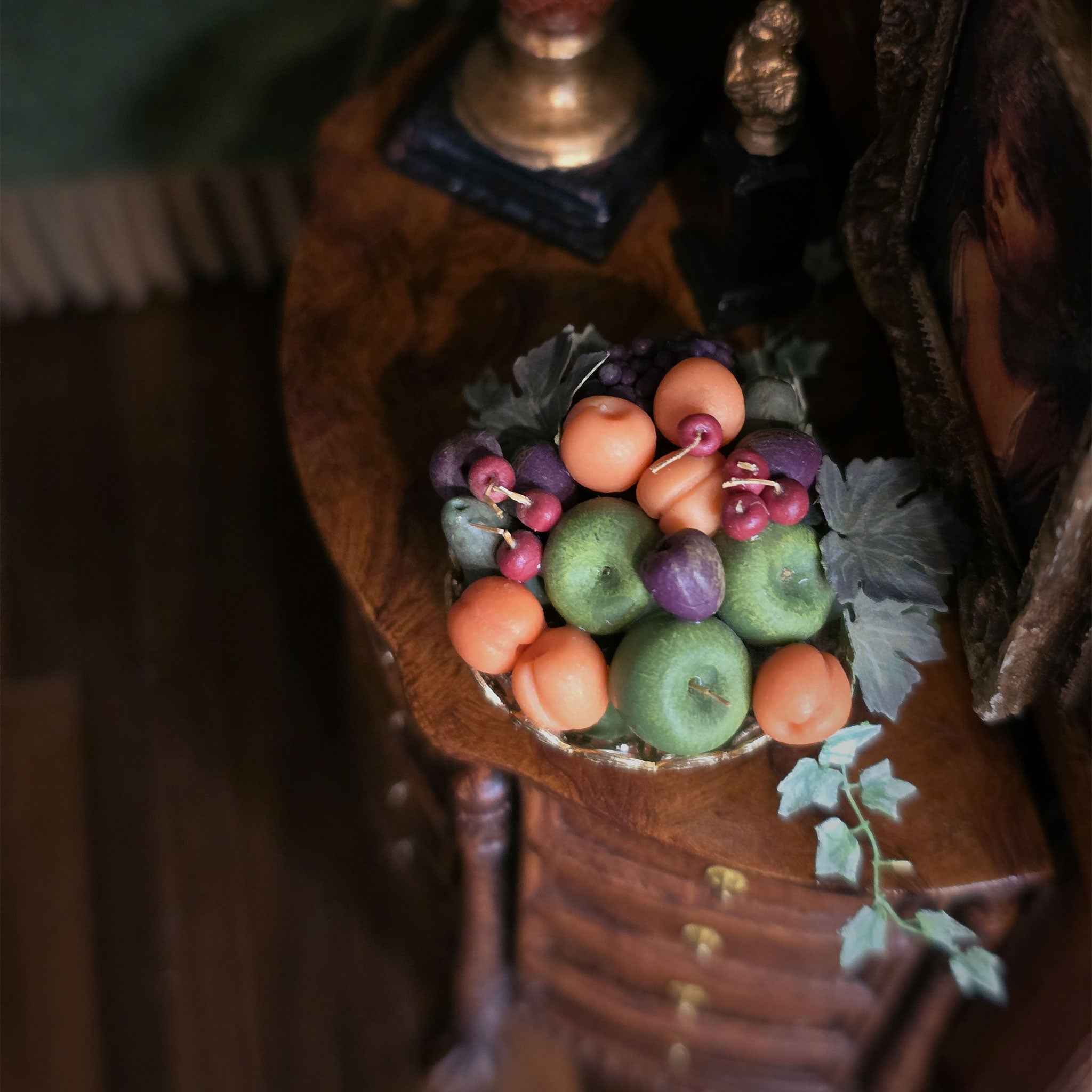 Still Life Miniature Sculpted Fruit in Golden Bowl Floral Arrangement Centerpiece