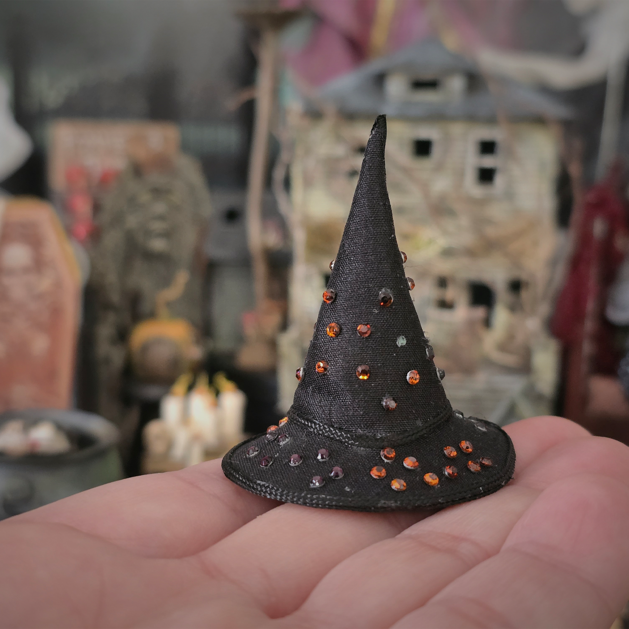 Pair of Black Leather Witch's Shoes and Jeweled Witch's Hat OOAK Halloween Fashion Accessories