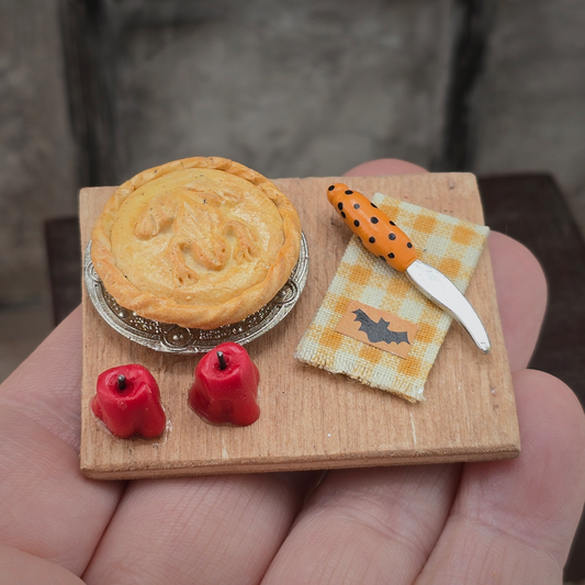 Fall Dessert Baking Diorama OOAK Miniature with Rustic Frog Pie, Candied Apples & Bat Towel