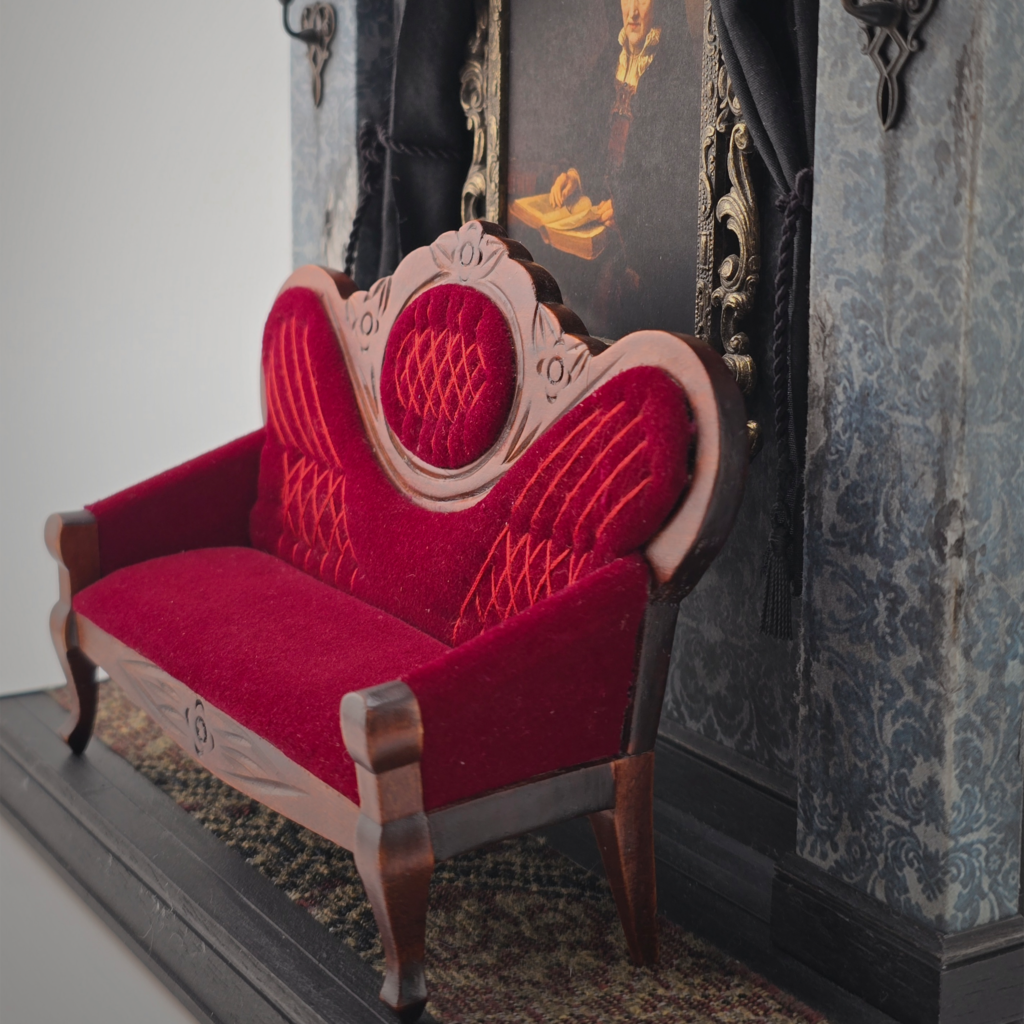 Victorian Red Velvet Upholstered Sofa OOAK Carved Miniature with Hand Tufted Details