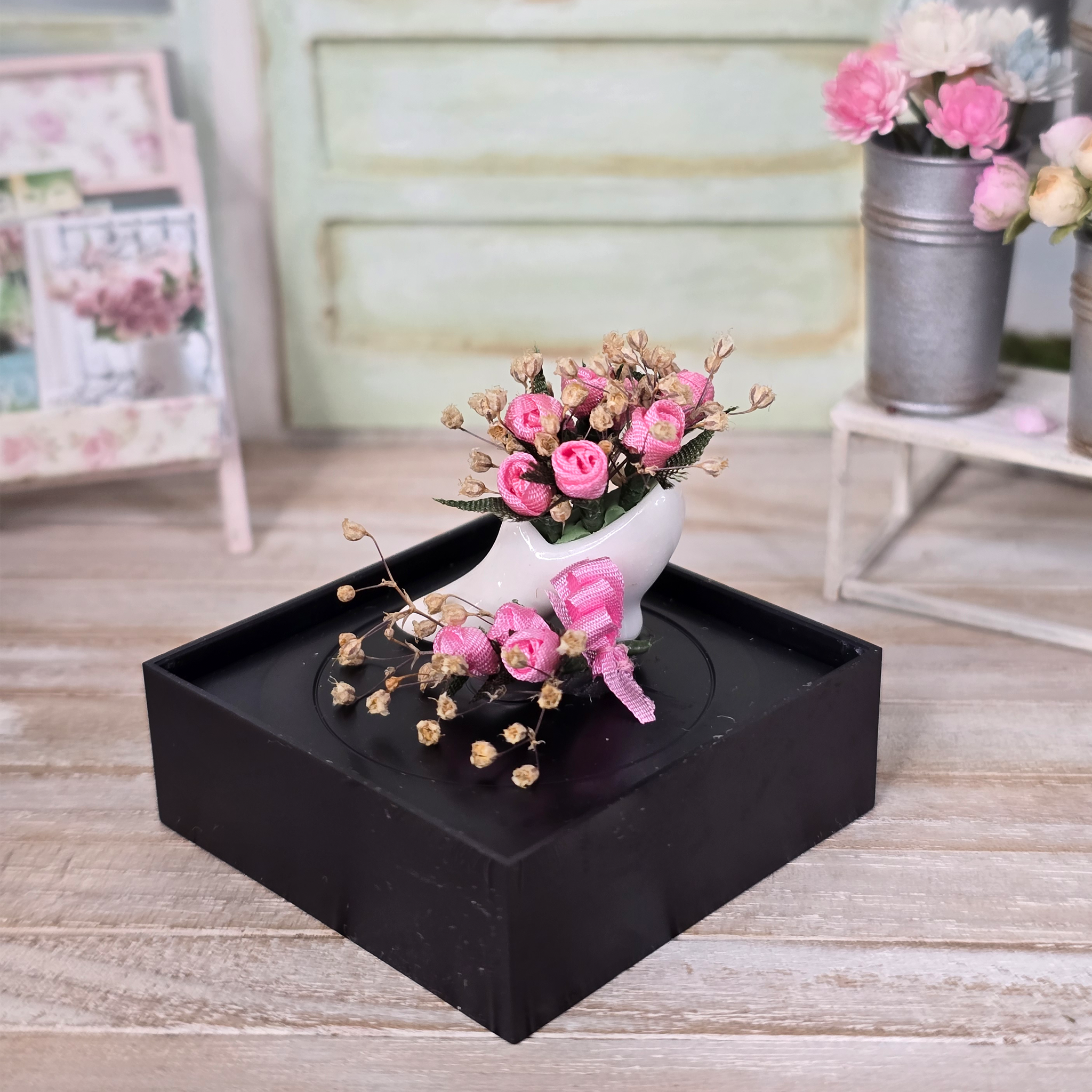 Arlene Bellinger Romantic Pink Rose Bouquet Set with Porcelain Victorian Shoe Vase