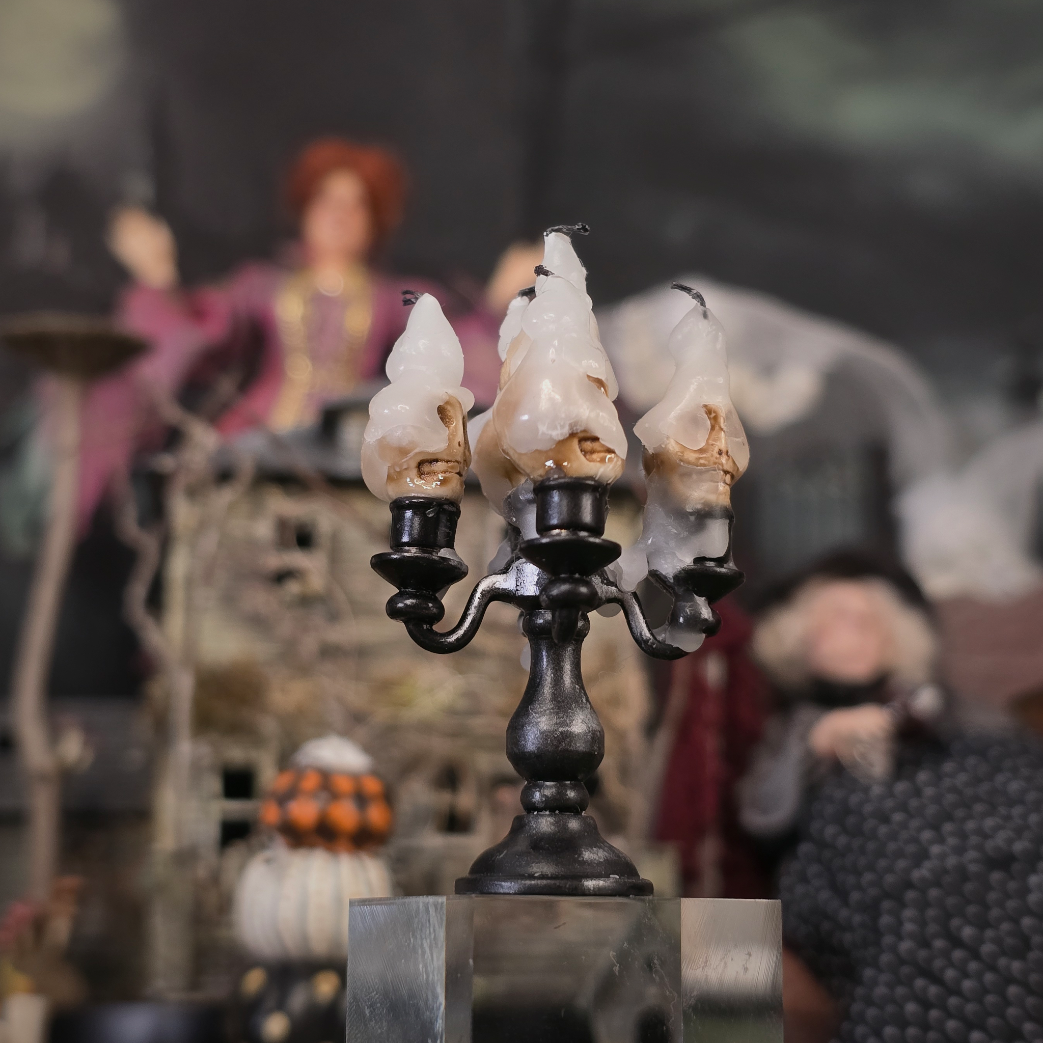 Five-Arm Skull Candelabra OOAK Metal Miniature with Distressed Black Finish & Dripping Wax