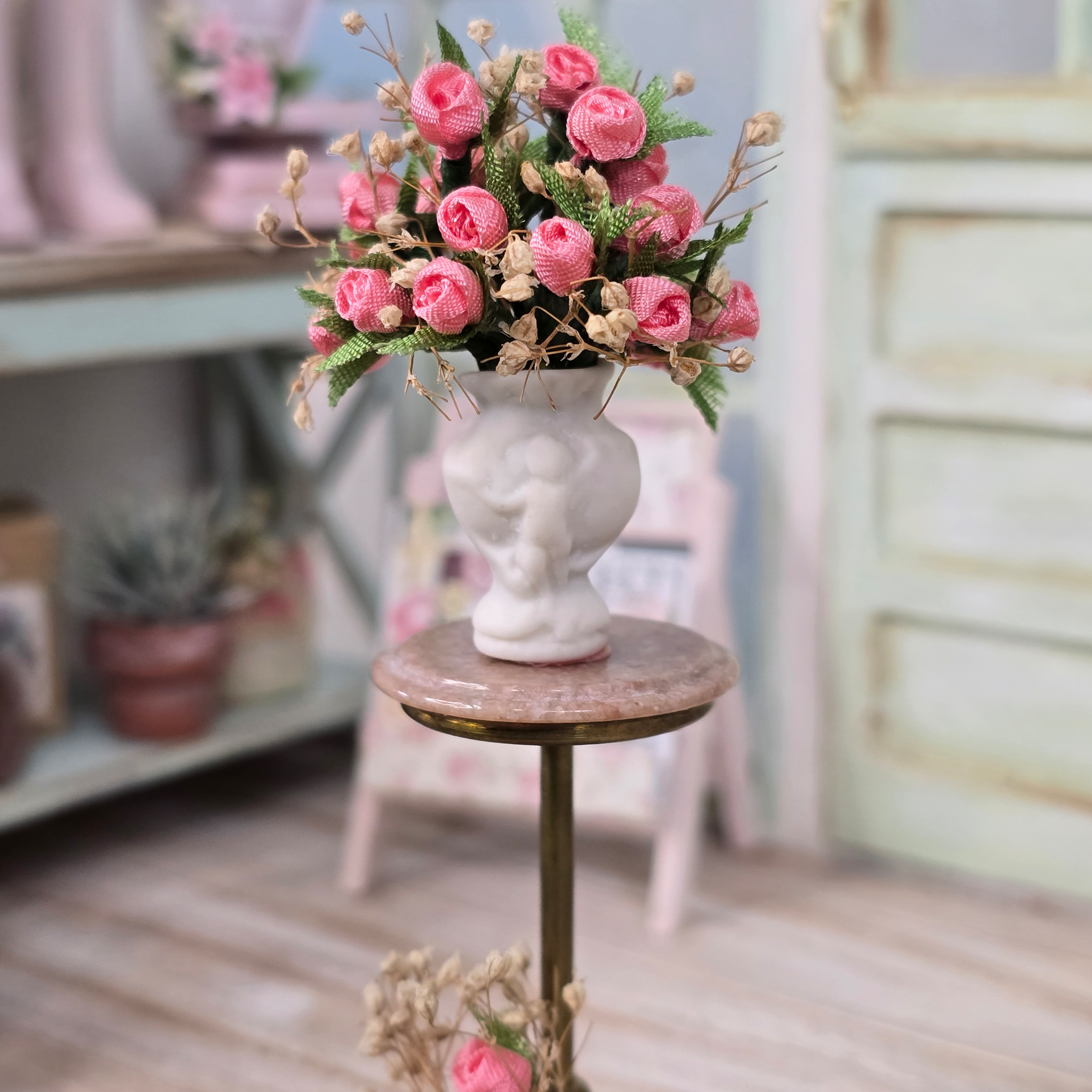 Arlene Bellinger Romantic Pink Rose Bouquet in Bisque Vase & Matching Men's Boutonniere