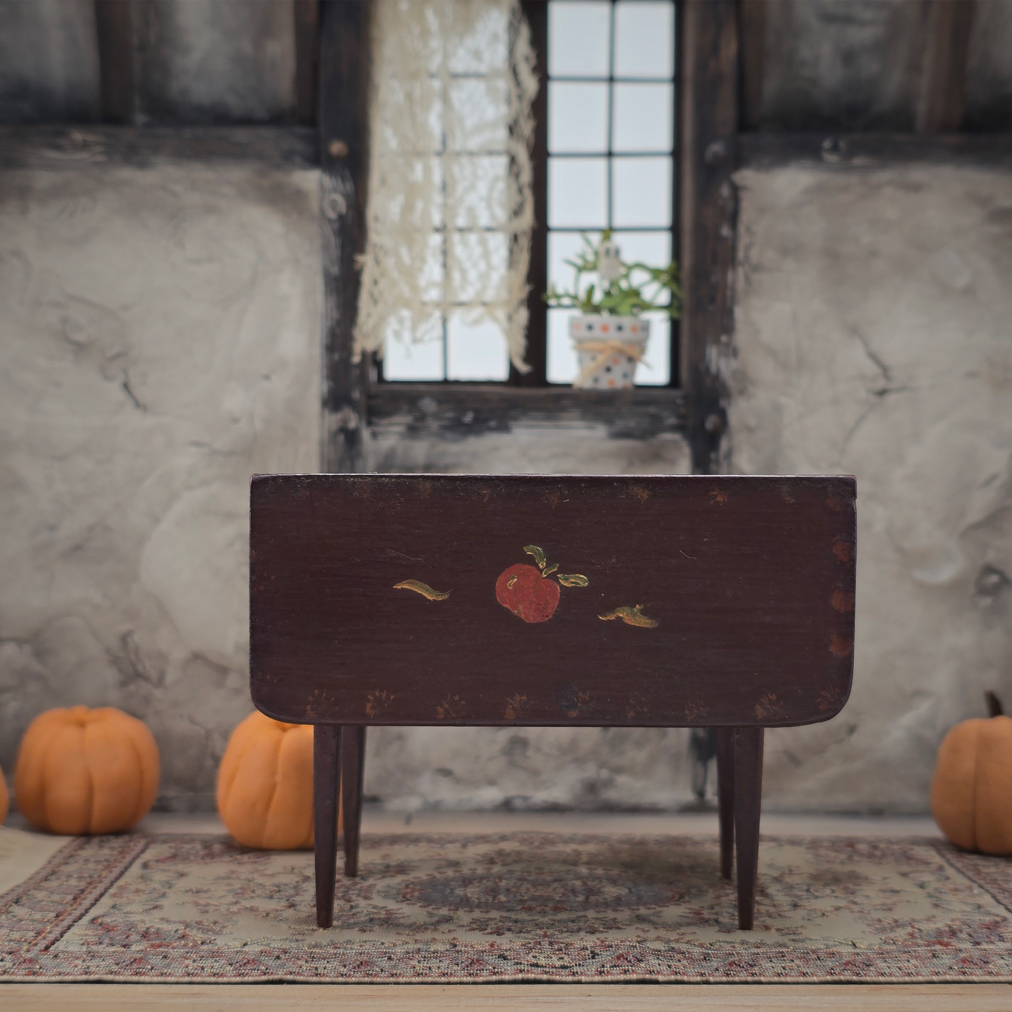 Rustic Drop-Leaf Fall Autumn Table Hand-Painted Folk Art Apple Miniature, Signed JA
