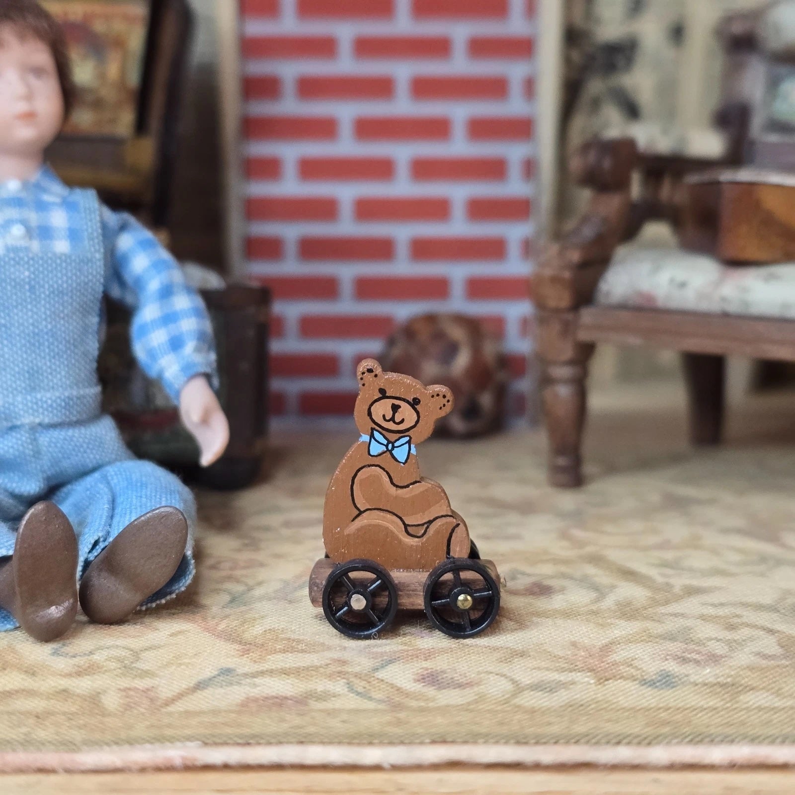 Signed B. Gibson Hand-Painted Nursery Teddy Bear Pull Toy Hand Painted