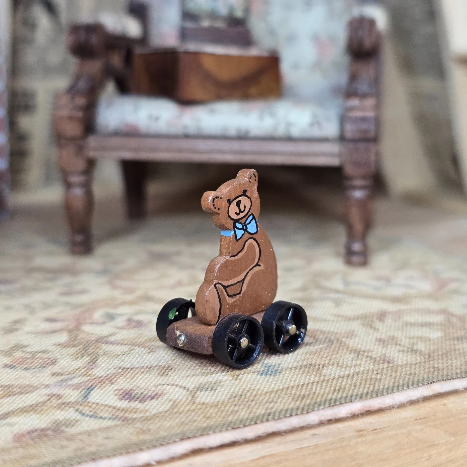 Signed B. Gibson Hand-Painted Nursery Teddy Bear Pull Toy Hand Painted