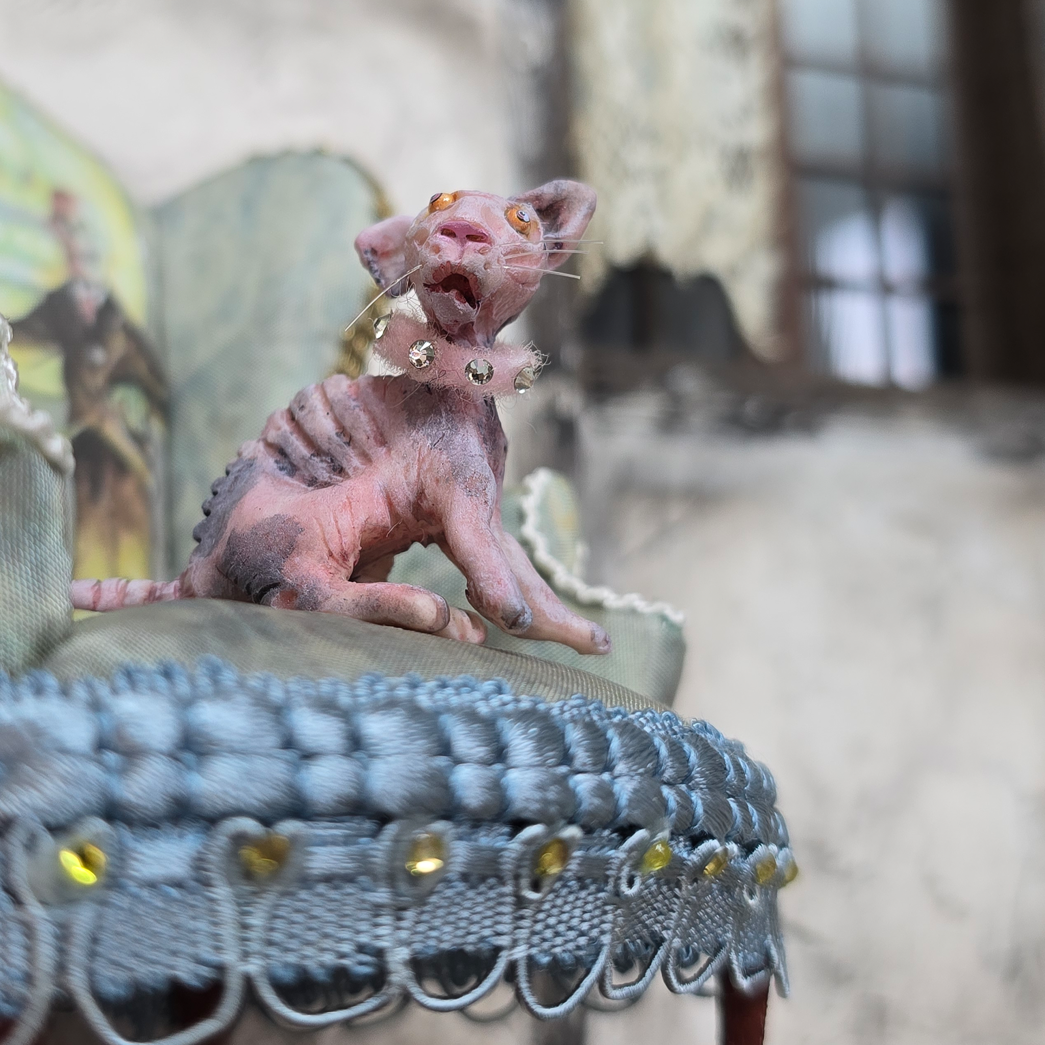 Hairless Spotted Sphynx Pink Grey Cat Spooky OOAK Artisan Miniature Dollhouse Pet Figure