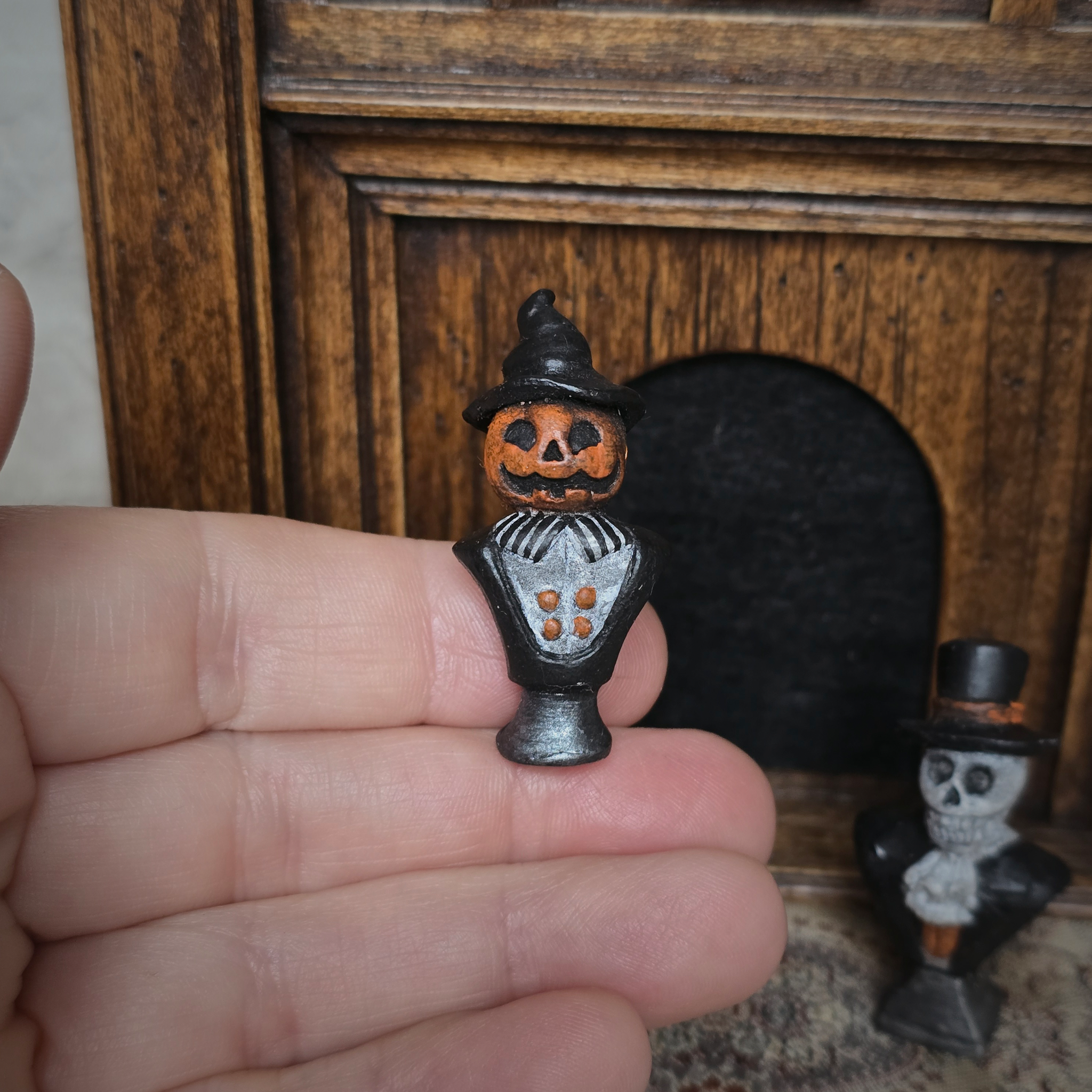 Carved Walnut Halloween Fireplace Mantel Signed OOAK with Jack-o’-Lantern & Skeleton Figures
