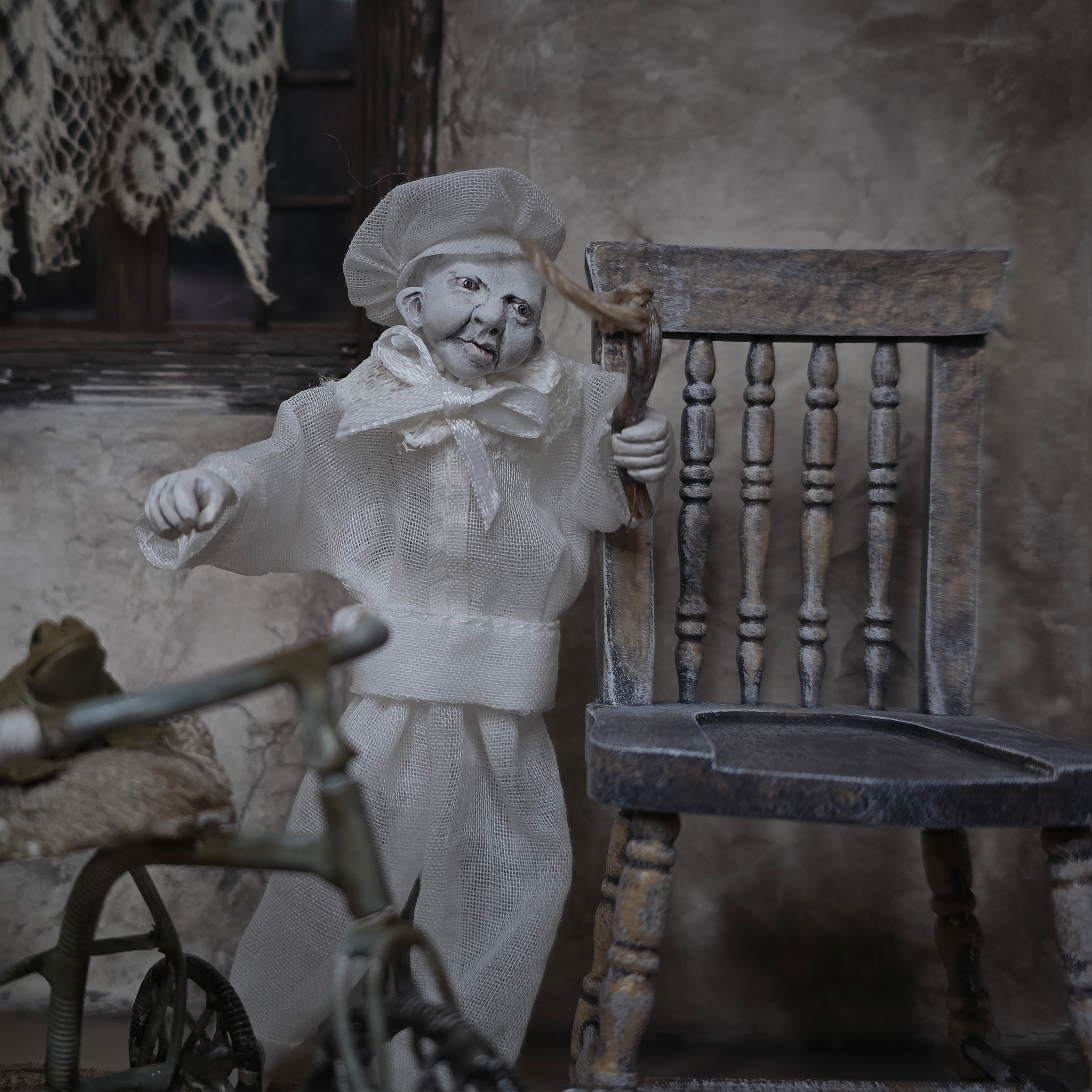 Edwardian Boy Ghost Doll OOAK Haunted Miniature Child with Slingshot & Chair by Pat Benedict