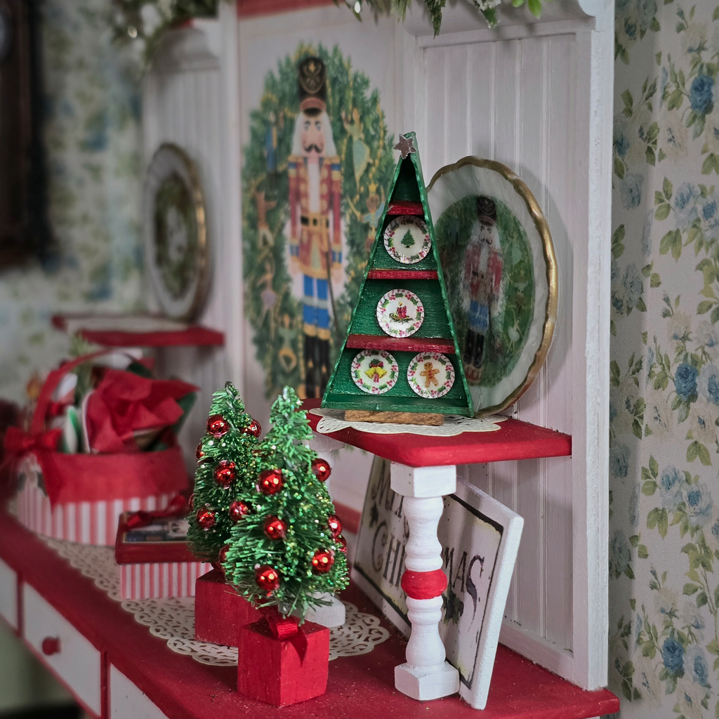 Signed Dollhouse Miniature Christmas Tree-Shaped Plate Display Box in festive room