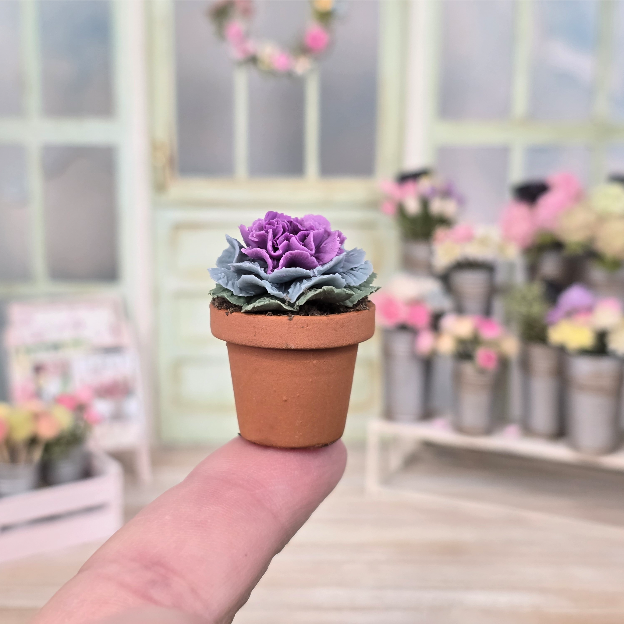 Potted Purple Realistic Ornamental Cabbage Hand Sculpted Clay Flowering Plant Signed