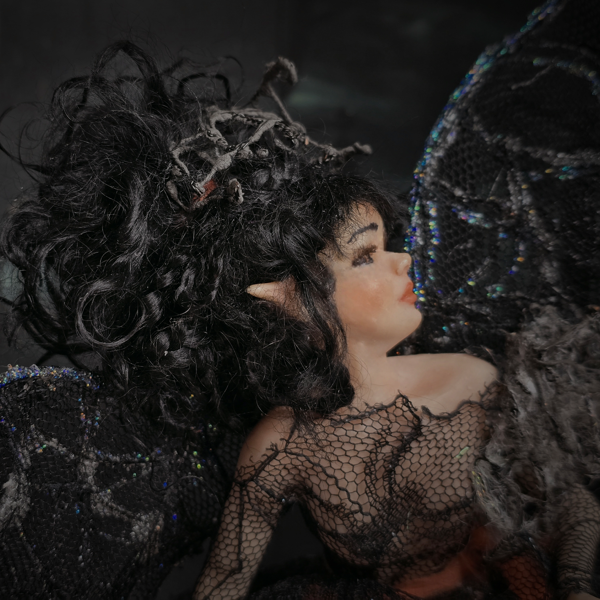 Dark Angel Fairy Doll OOAK Hand-Sculpted Clay Display Figure (6" Tall, Seated)