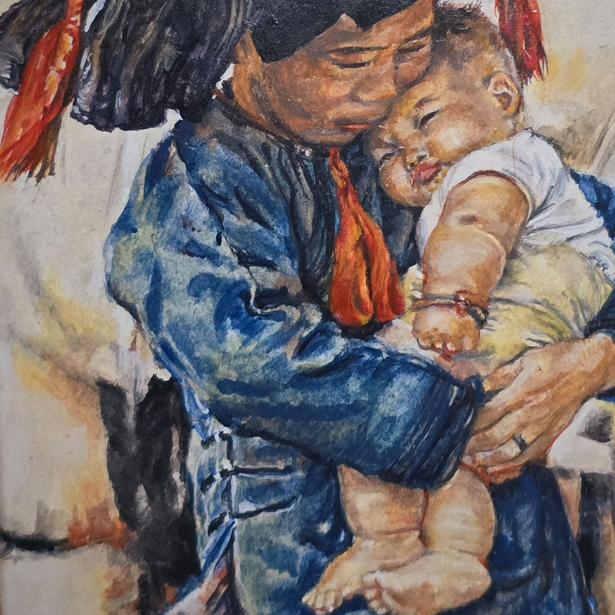 Artistic depiction of a person holding a child with a warm, affectionate gesture. Deanna Karras