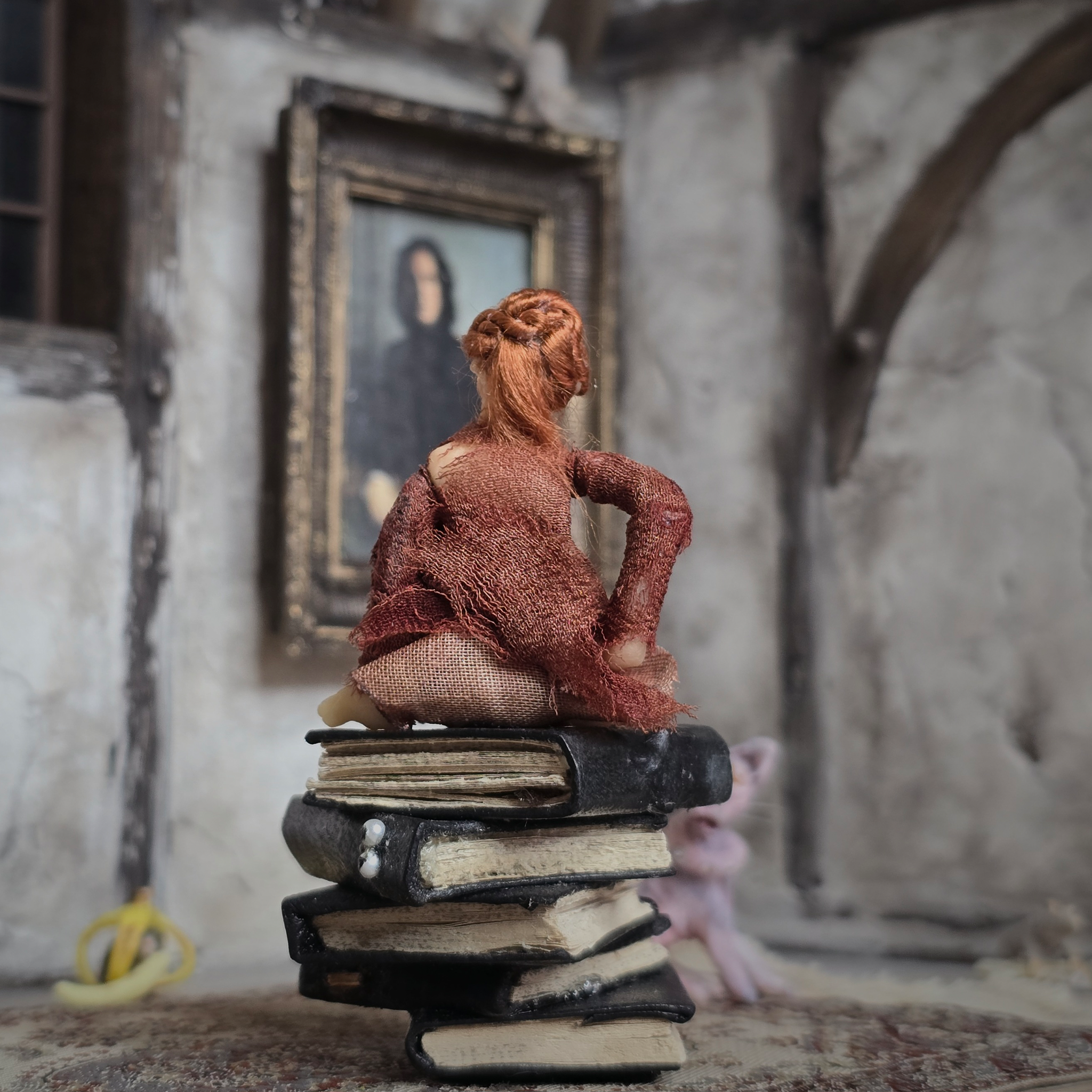 1:24 Scale Older Beggar Woman Clay Figure OOAK Handmade Miniature on Stack of Books
