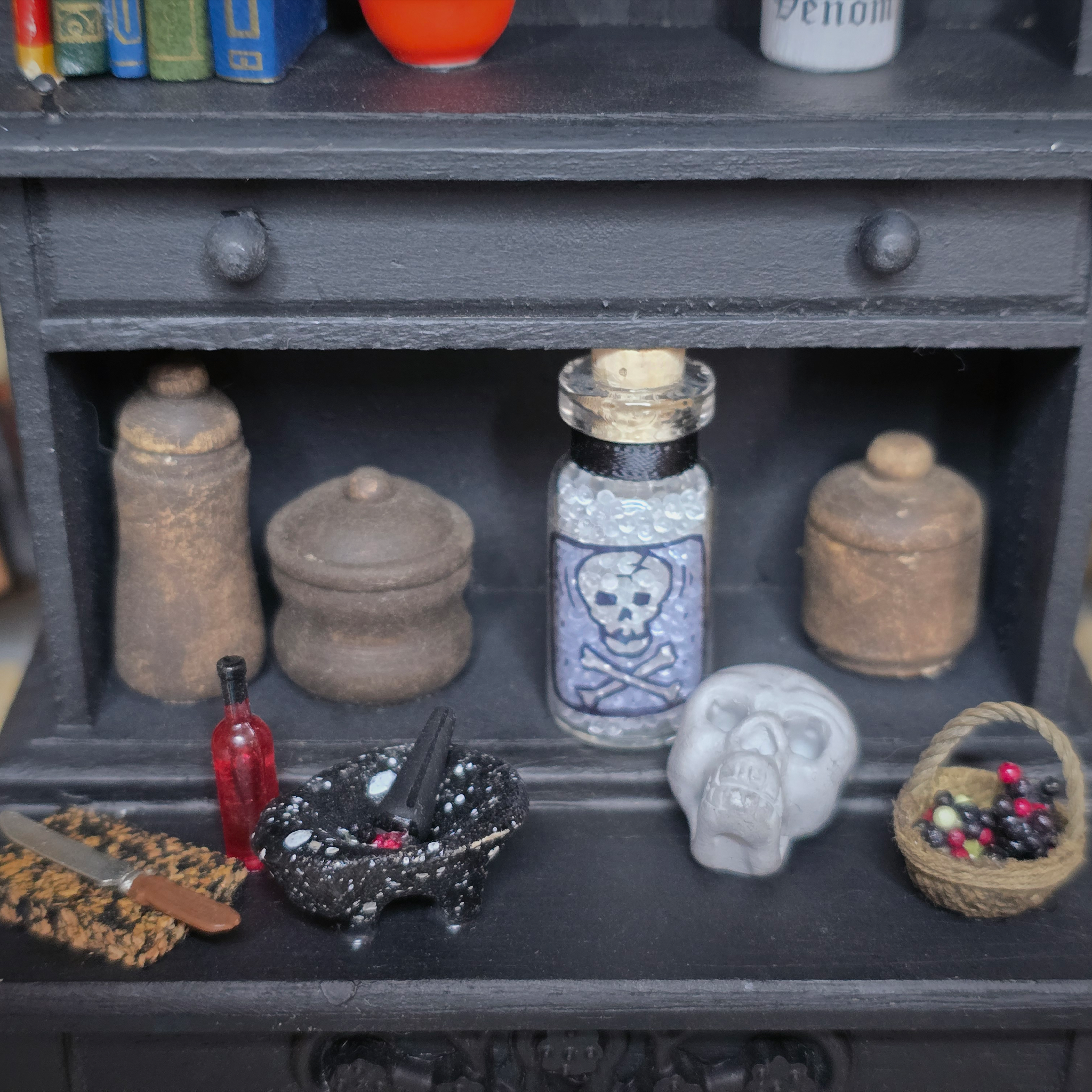 Halloween Witch’s Kitchen Hutch OOAK Black Wood, Dressed with Potion Ingredients