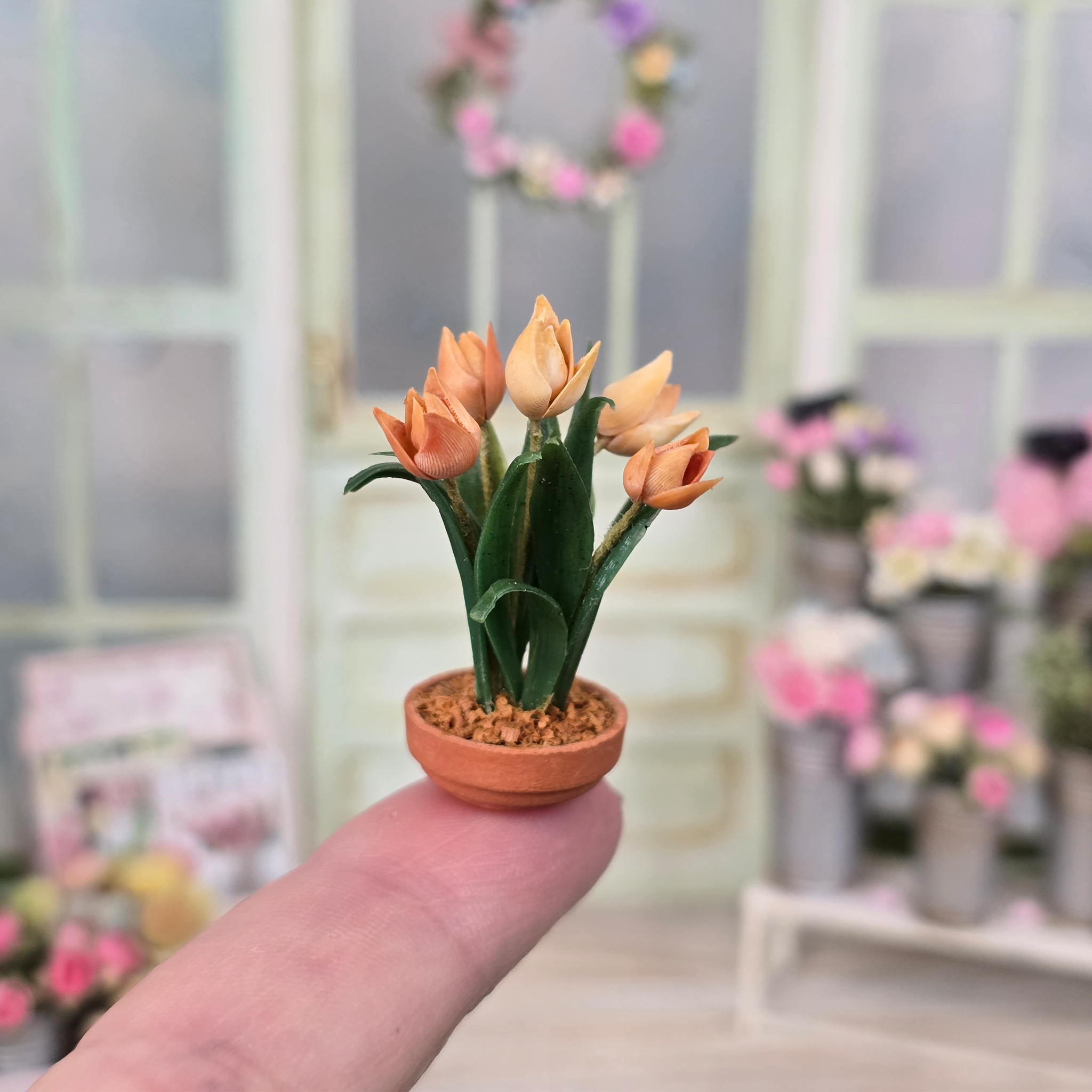 Potted Peach Tulips Hand Sculpted Clay Flowers in Planter Vintage Artisan