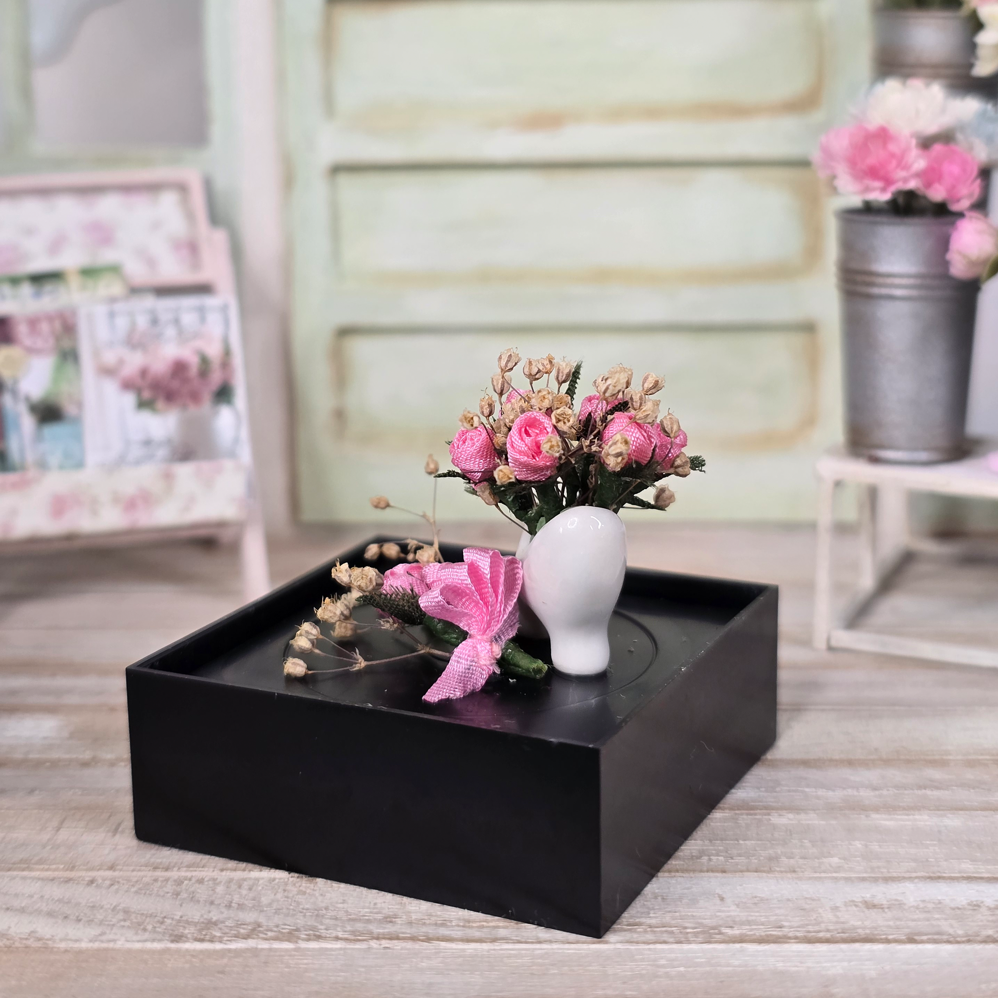 Arlene Bellinger Romantic Pink Rose Bouquet Set with Porcelain Victorian Shoe Vase