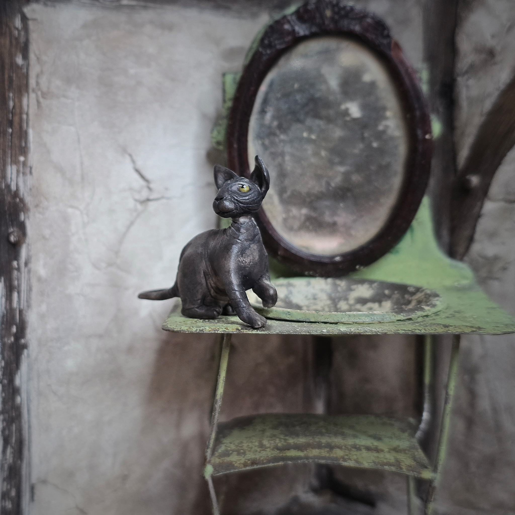 Hairless Spooky Sphynx Black Cat Statue OOAK Artisan Miniature Dollhouse Pet Figure (2011)