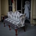 Load image into Gallery viewer, Signed Gothic Halloween Five Leg Victorian Sofa OOAK Skull Damask Custom Upholstered Bespaq
